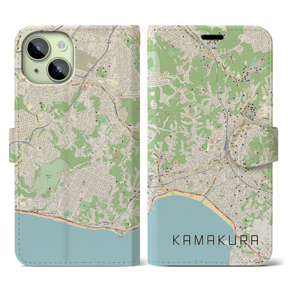 【鎌倉（神奈川県）】地図柄iPhoneケース（手帳タイプ）ナチュラル・iPhone 15 用