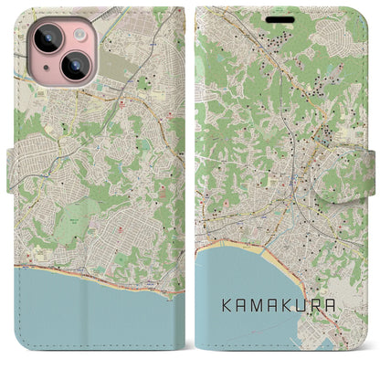 【鎌倉（神奈川県）】地図柄iPhoneケース（手帳タイプ）ナチュラル・iPhone 15 Plus 用