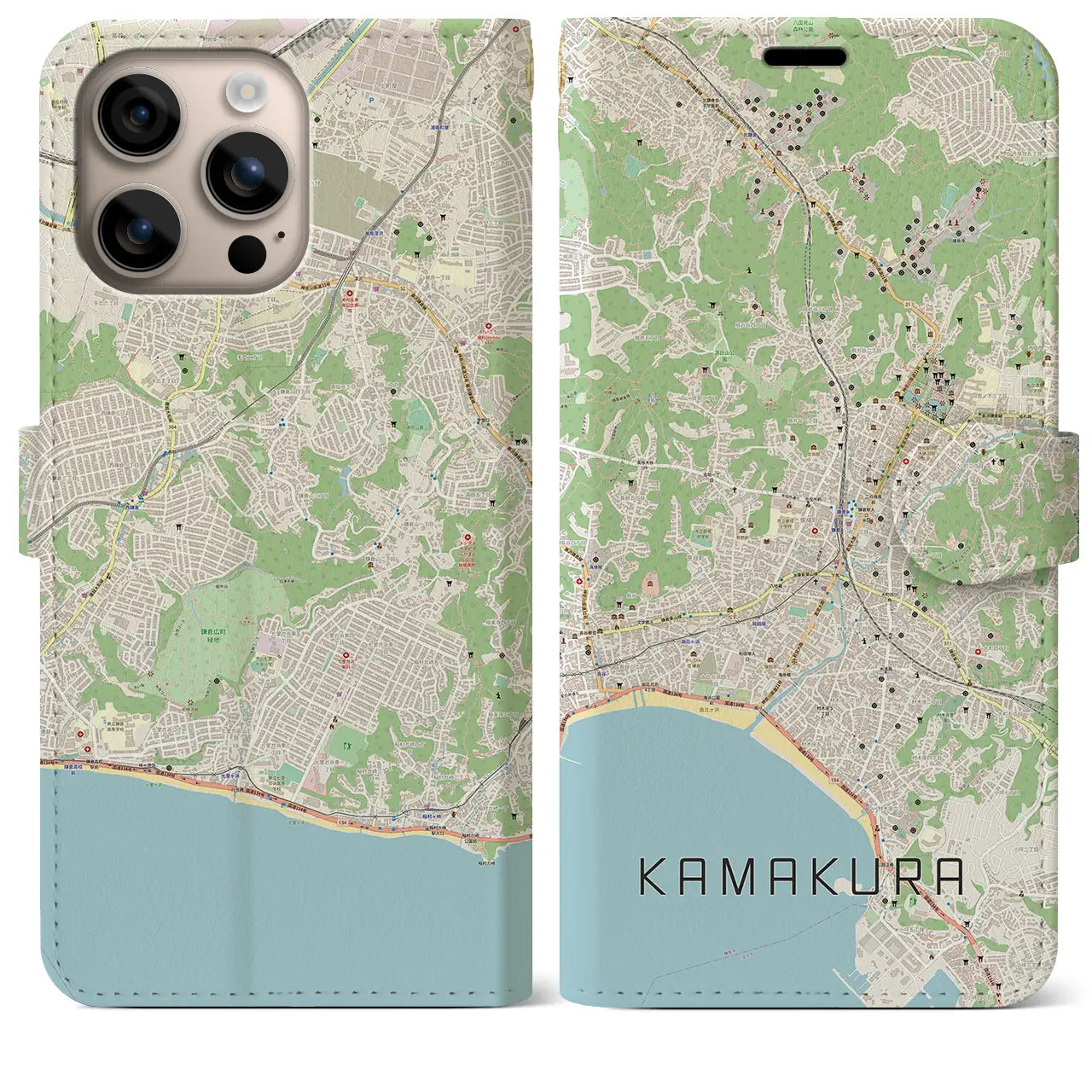 【鎌倉（神奈川県）】地図柄iPhoneケース（手帳タイプ）ナチュラル・iPhone 16 Plus 用