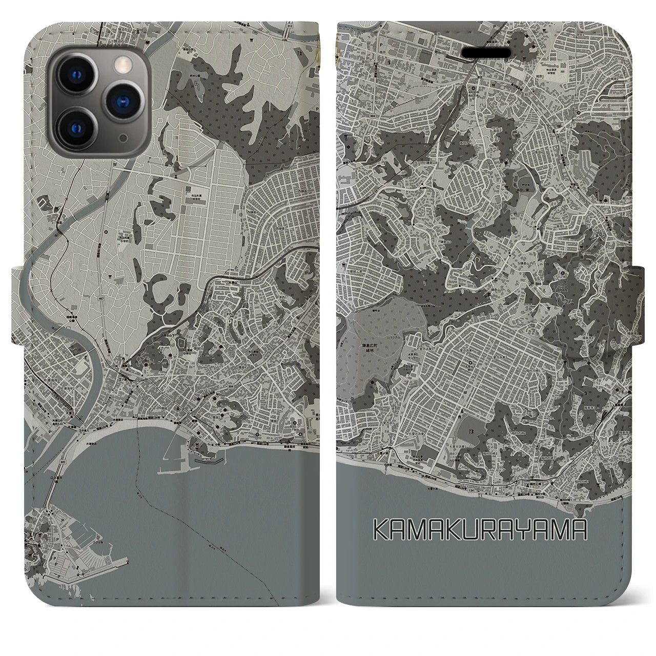 【鎌倉山】地図柄iPhoneケース（手帳両面タイプ・モノトーン）iPhone 11 Pro Max 用