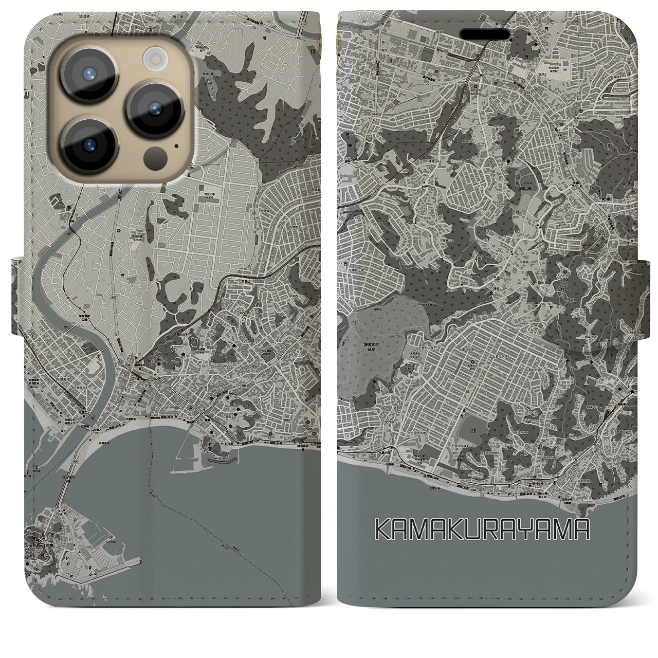 【鎌倉山】地図柄iPhoneケース（手帳両面タイプ・モノトーン）iPhone 14 Pro Max 用