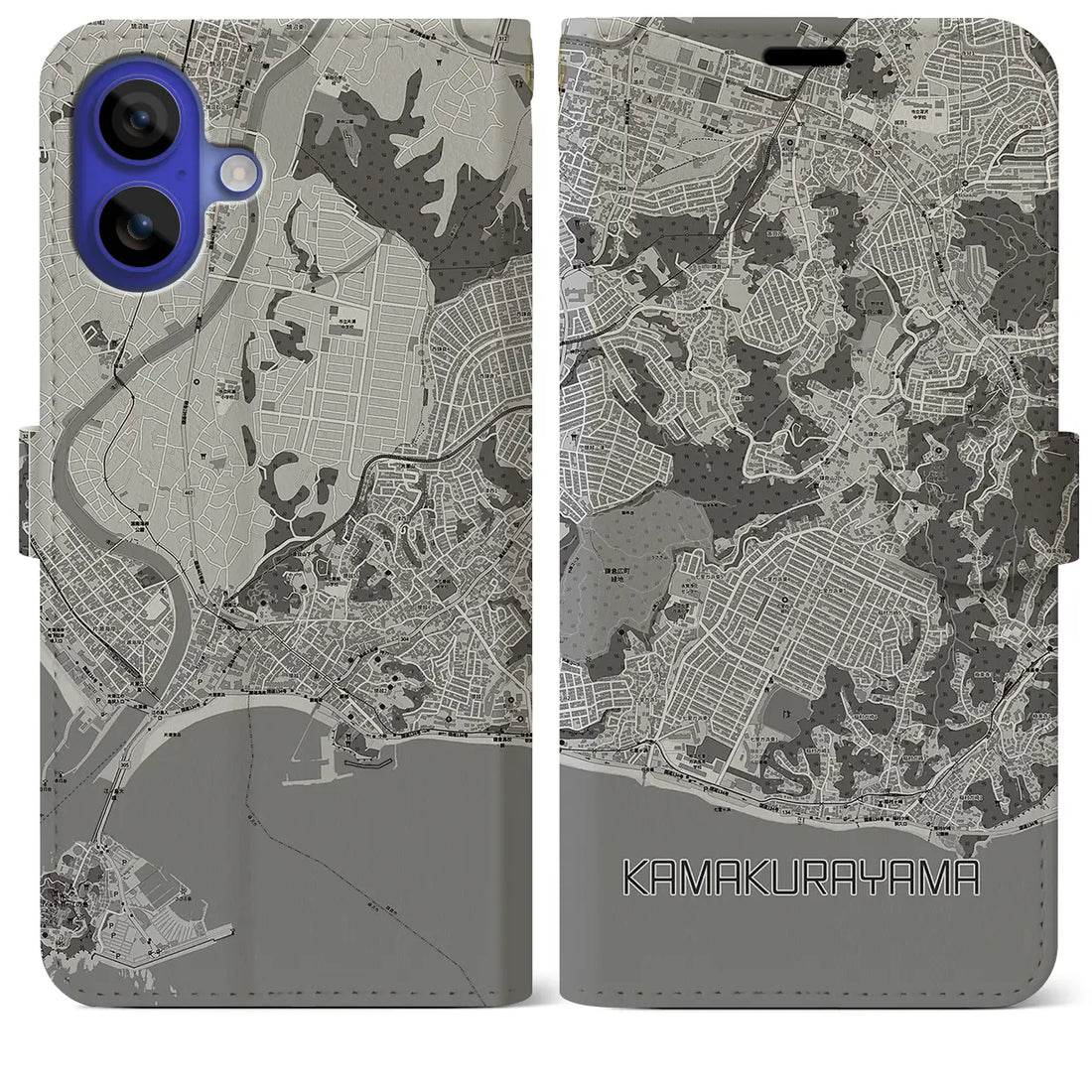 【鎌倉山(神奈川県)】地図柄iPhoneケース(手帳タイプ)モノトーン・iPhone 16 Pro Max 用