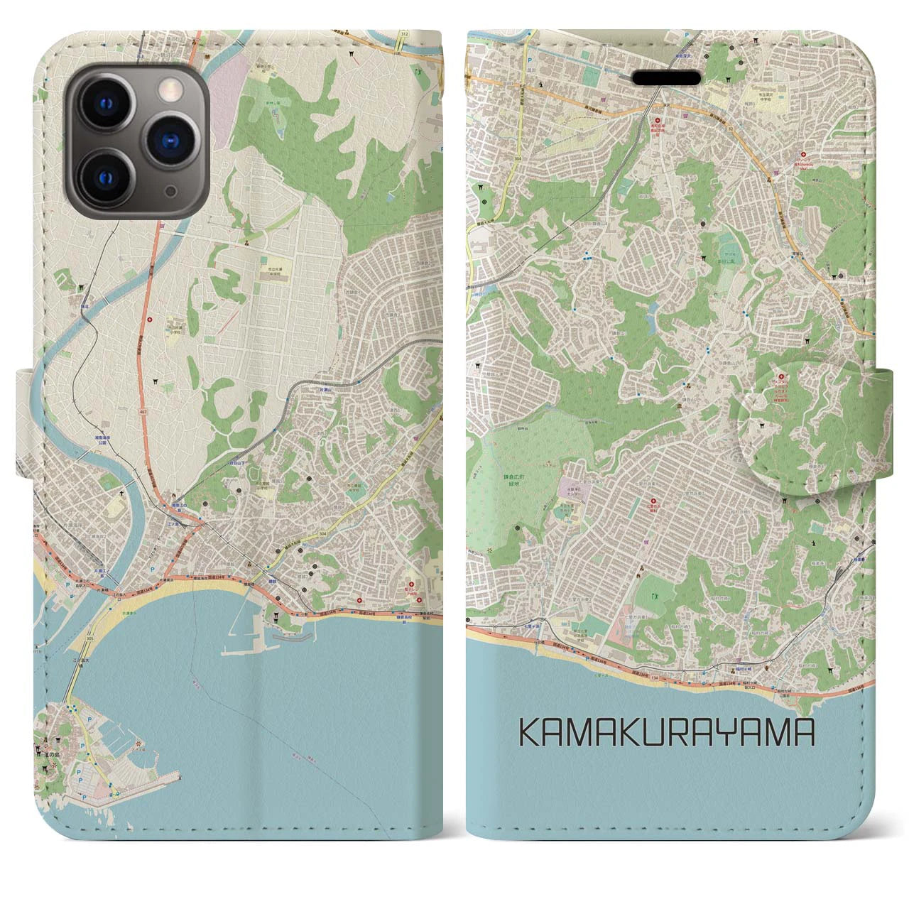 【鎌倉山（神奈川県）】地図柄iPhoneケース（手帳タイプ）ナチュラル・iPhone 11 Pro Max 用