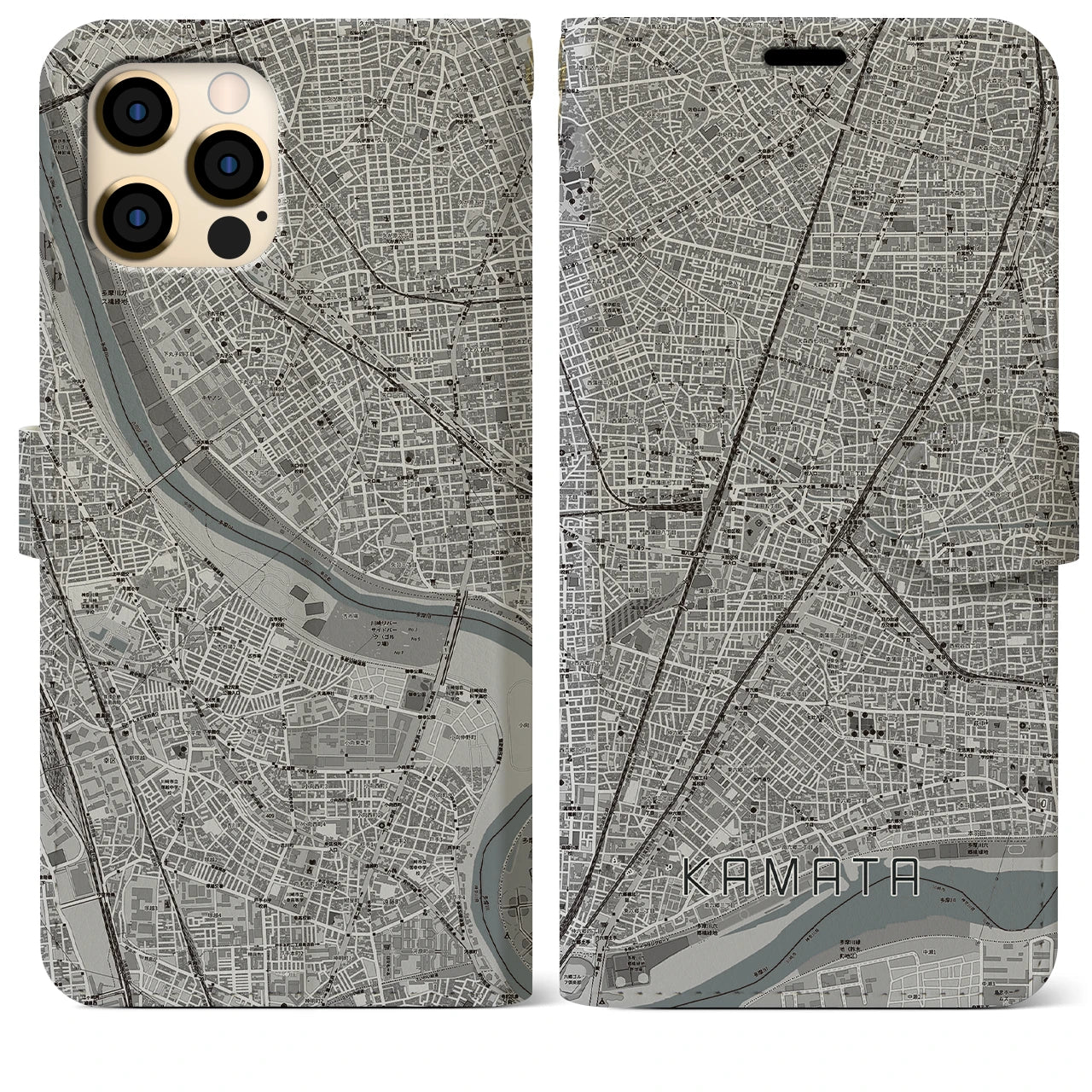 【蒲田】地図柄iPhoneケース（手帳両面タイプ・モノトーン）iPhone 12 Pro Max 用