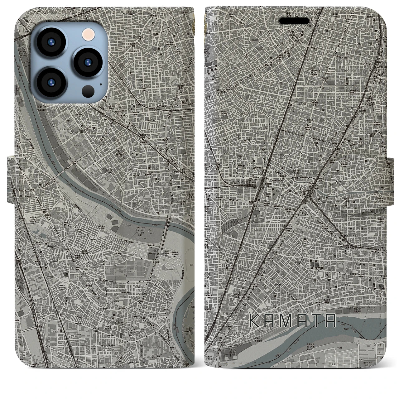 【蒲田】地図柄iPhoneケース（手帳両面タイプ・モノトーン）iPhone 13 Pro Max 用