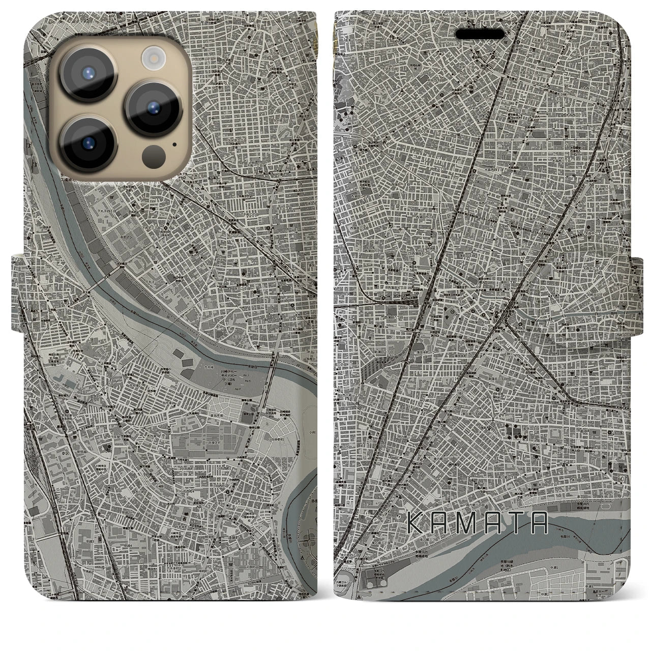 【蒲田】地図柄iPhoneケース（手帳両面タイプ・モノトーン）iPhone 14 Pro Max 用