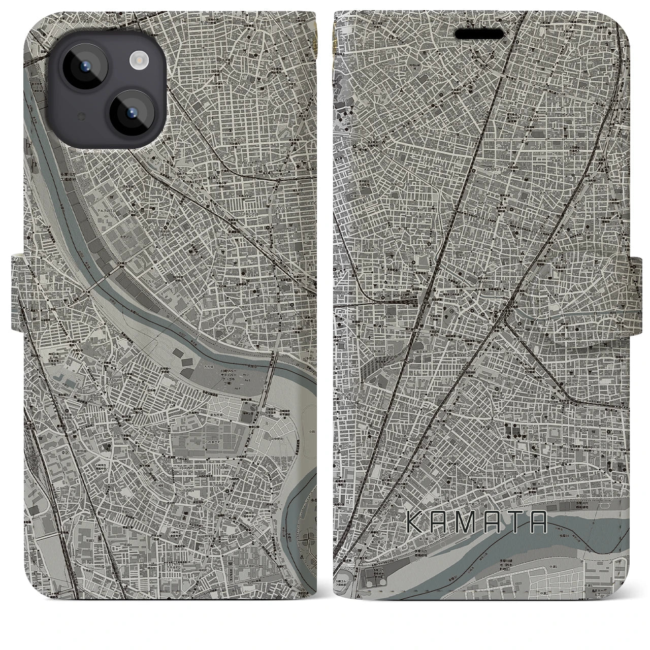【蒲田】地図柄iPhoneケース（手帳両面タイプ・モノトーン）iPhone 14 Plus 用
