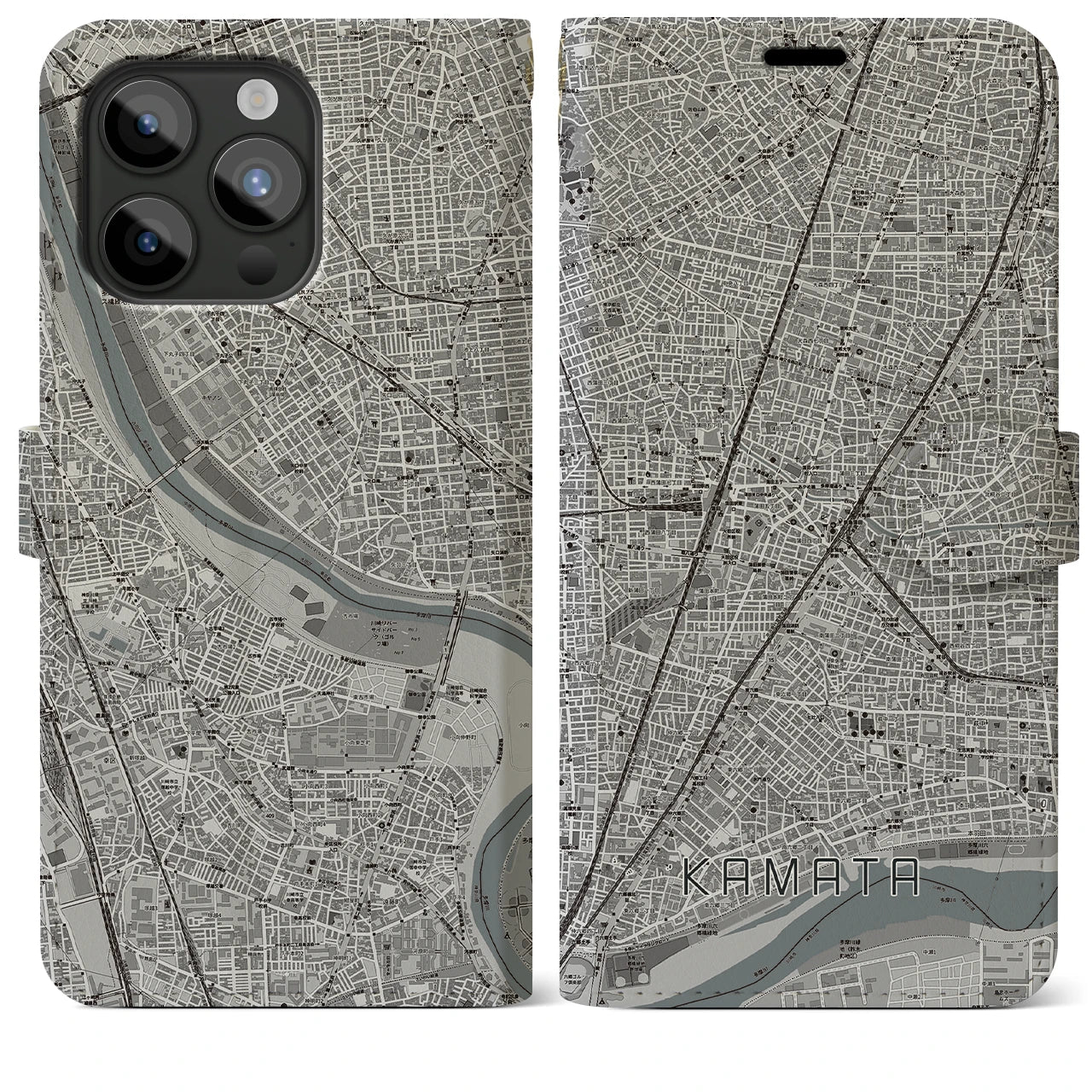 【蒲田】地図柄iPhoneケース（手帳両面タイプ・モノトーン）iPhone 15 Pro Max 用