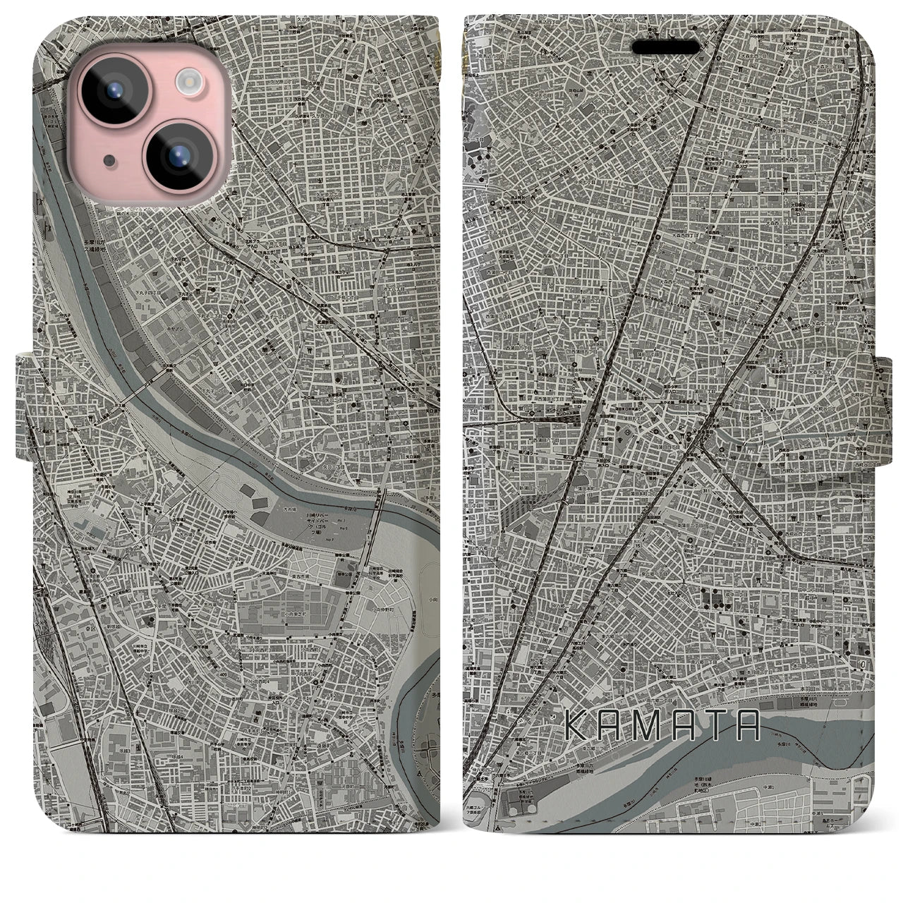 【蒲田】地図柄iPhoneケース（手帳両面タイプ・モノトーン）iPhone 15 Plus 用