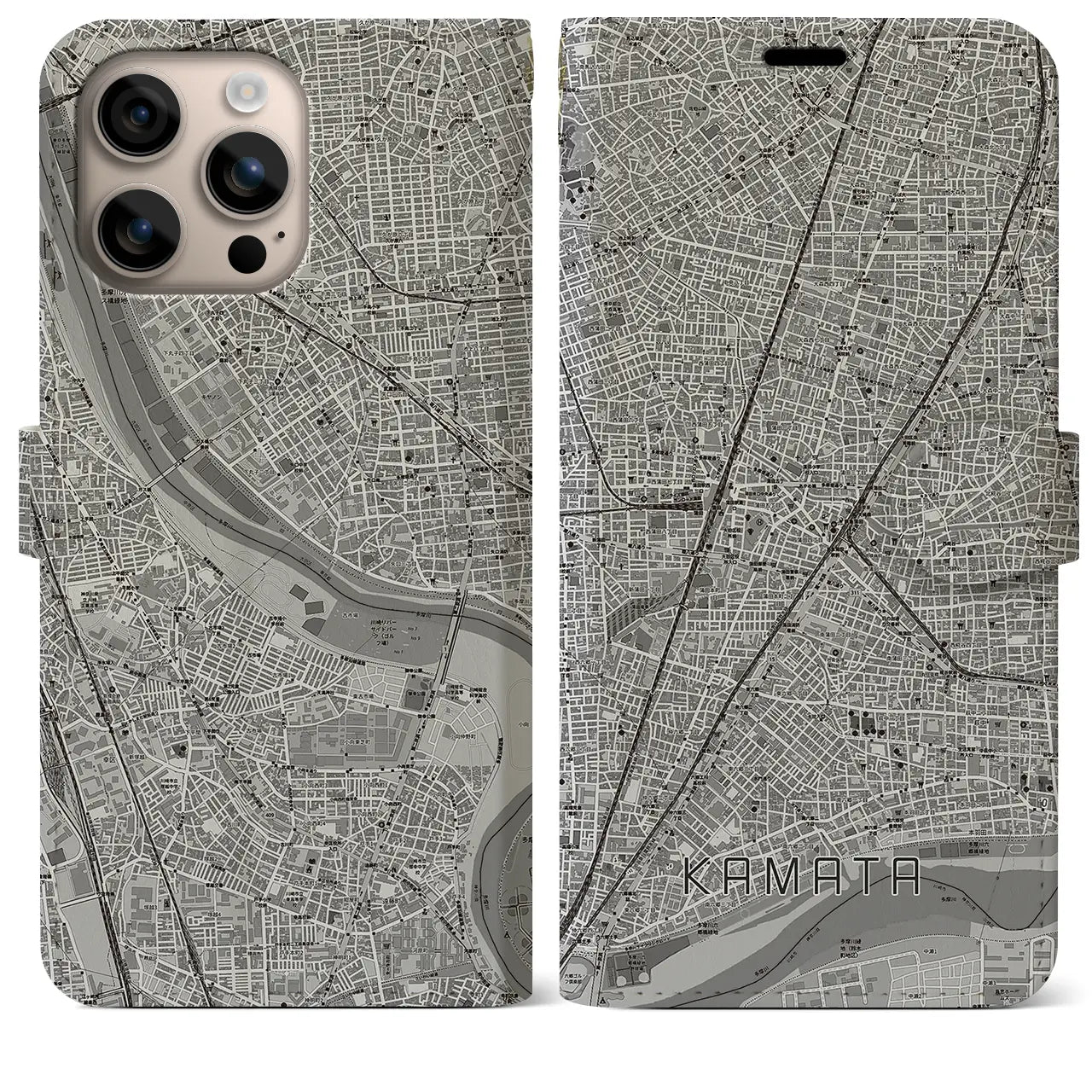 【蒲田（東京都）】地図柄iPhoneケース（手帳タイプ）モノトーン・iPhone 16 Plus 用