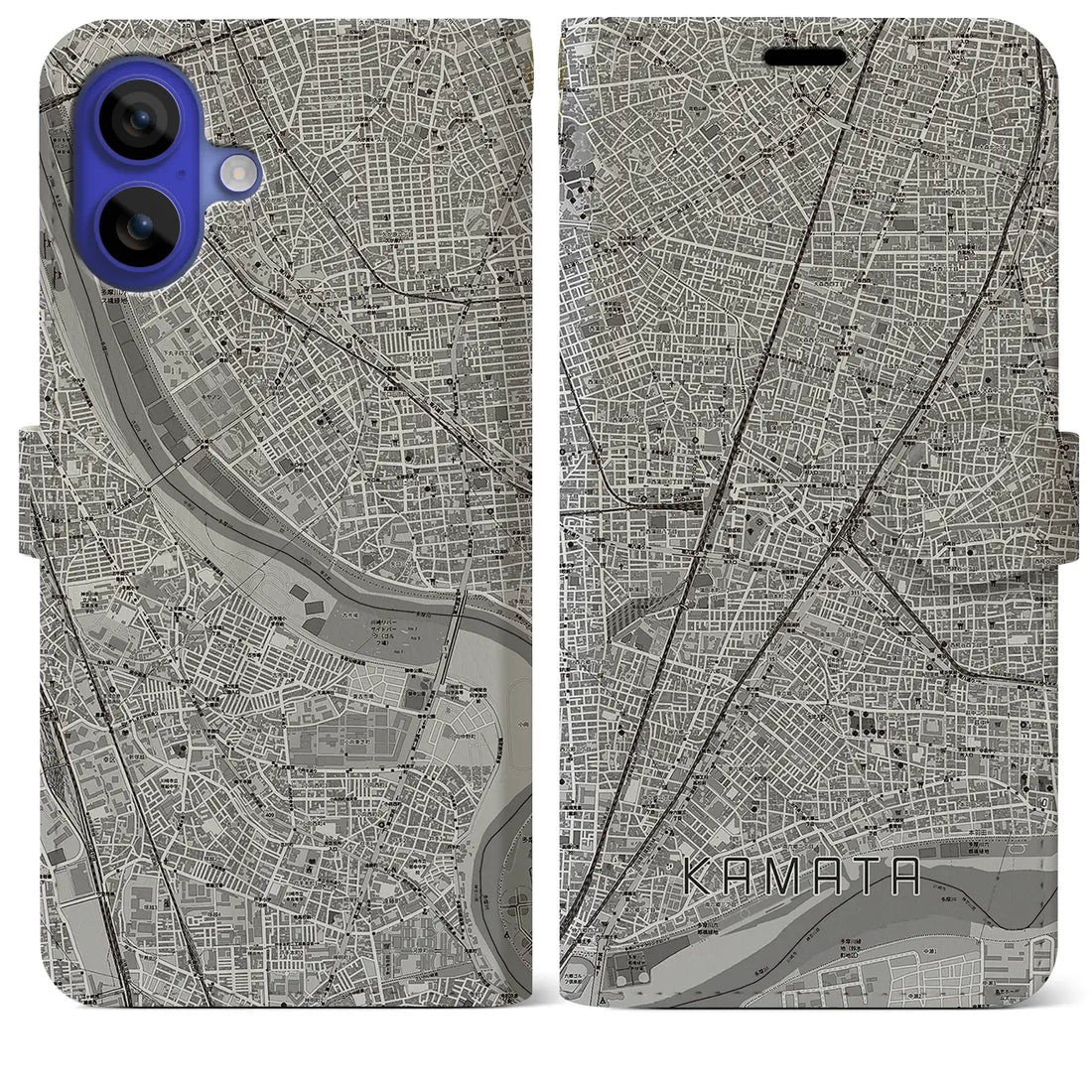 【蒲田(東京都)】地図柄iPhoneケース(手帳タイプ)モノトーン・iPhone 16 Pro Max 用