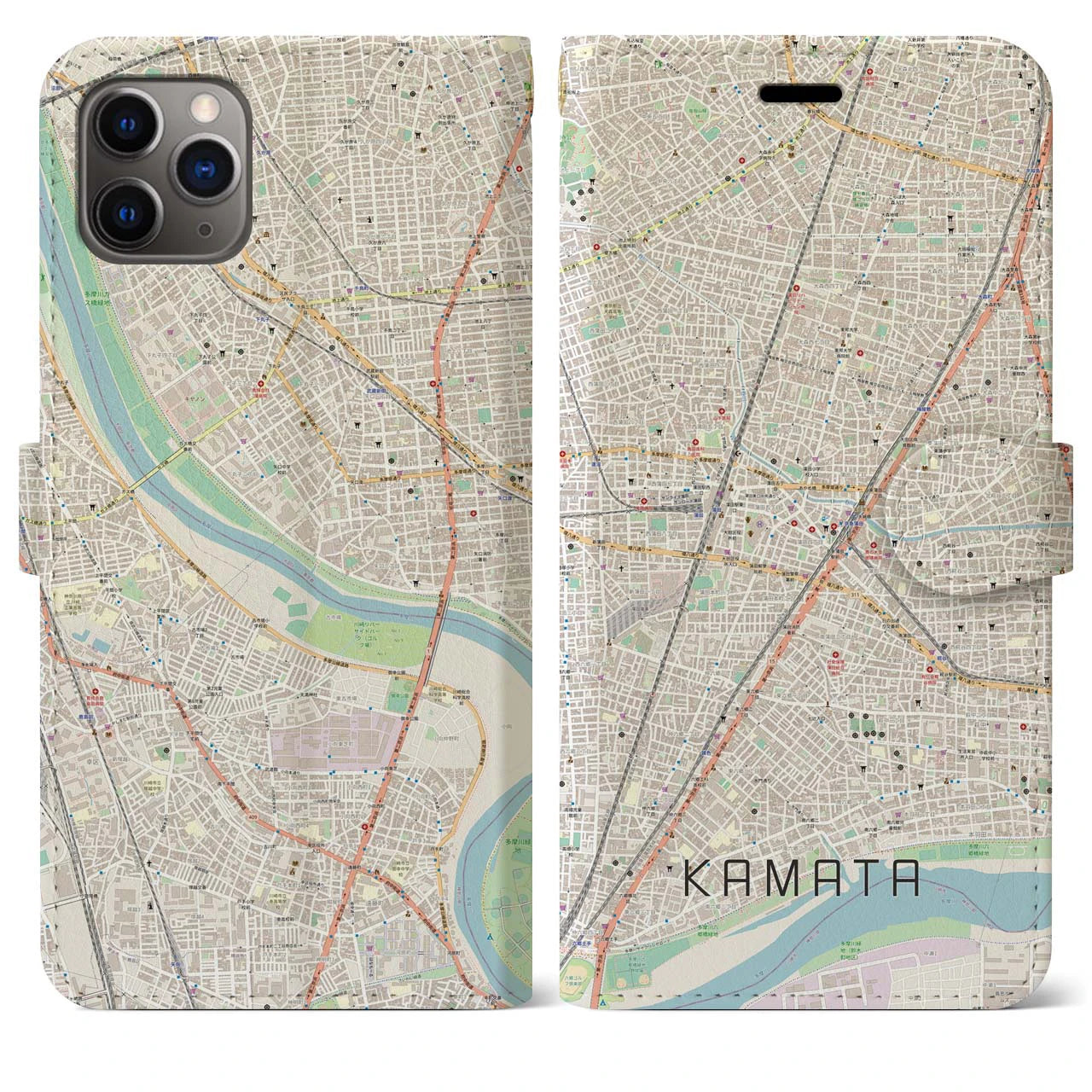 【蒲田（東京都）】地図柄iPhoneケース（手帳タイプ）ナチュラル・iPhone 11 Pro Max 用