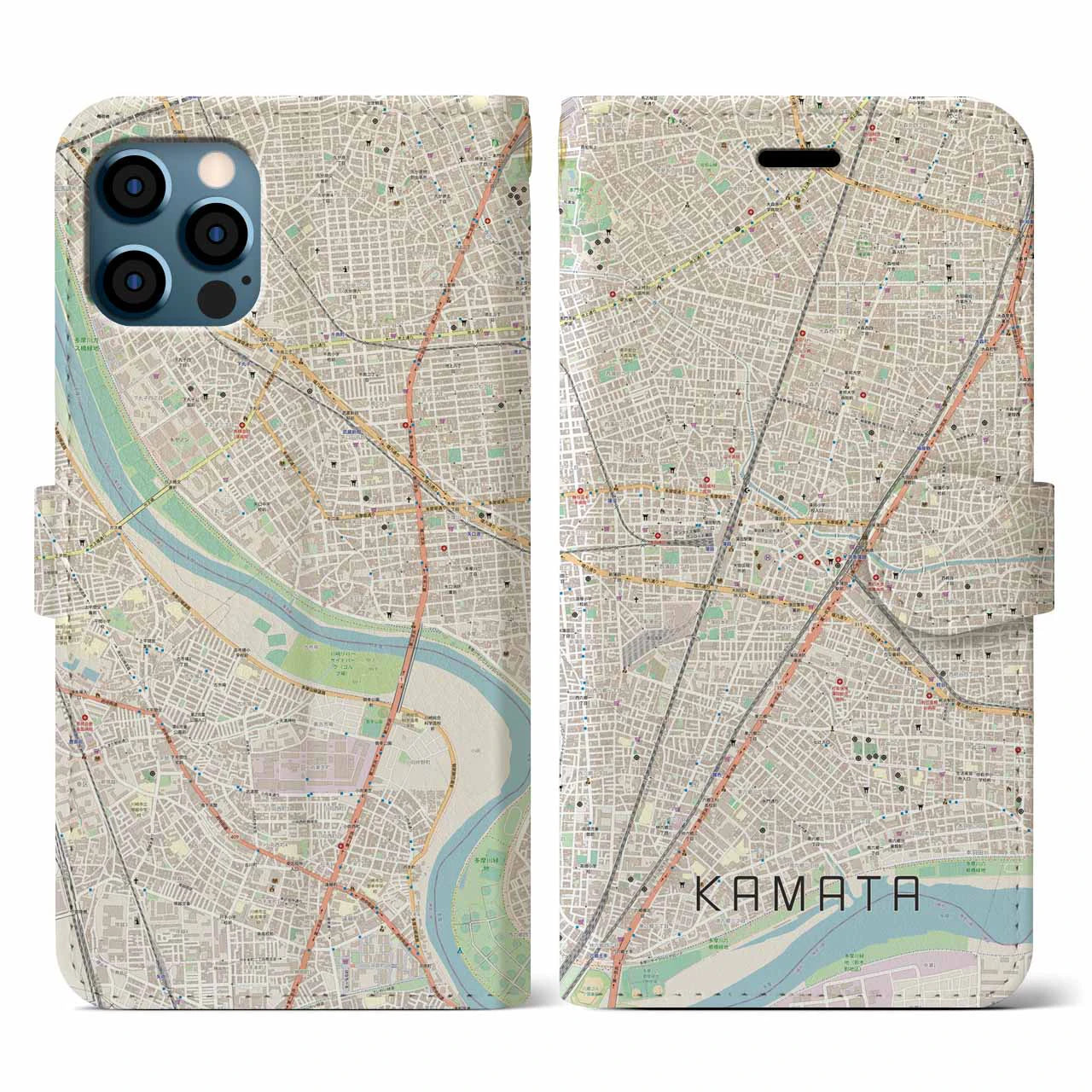 【蒲田（東京都）】地図柄iPhoneケース（手帳タイプ）ナチュラル・iPhone 12 / 12 Pro 用