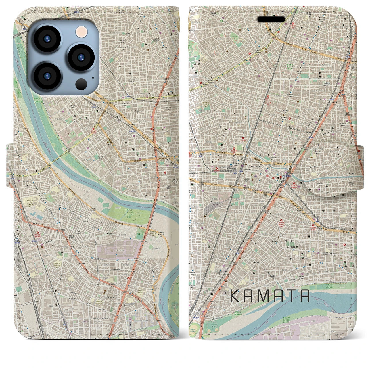 【蒲田（東京都）】地図柄iPhoneケース（手帳タイプ）ナチュラル・iPhone 13 Pro Max 用