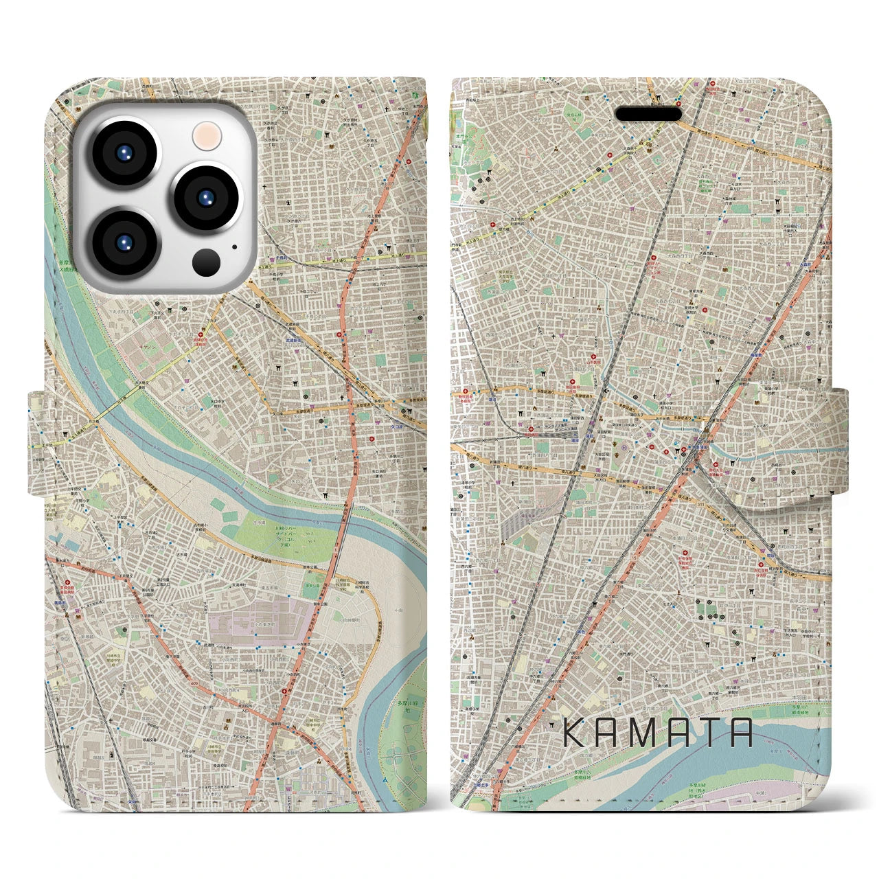 【蒲田（東京都）】地図柄iPhoneケース（手帳タイプ）ナチュラル・iPhone 13 Pro 用