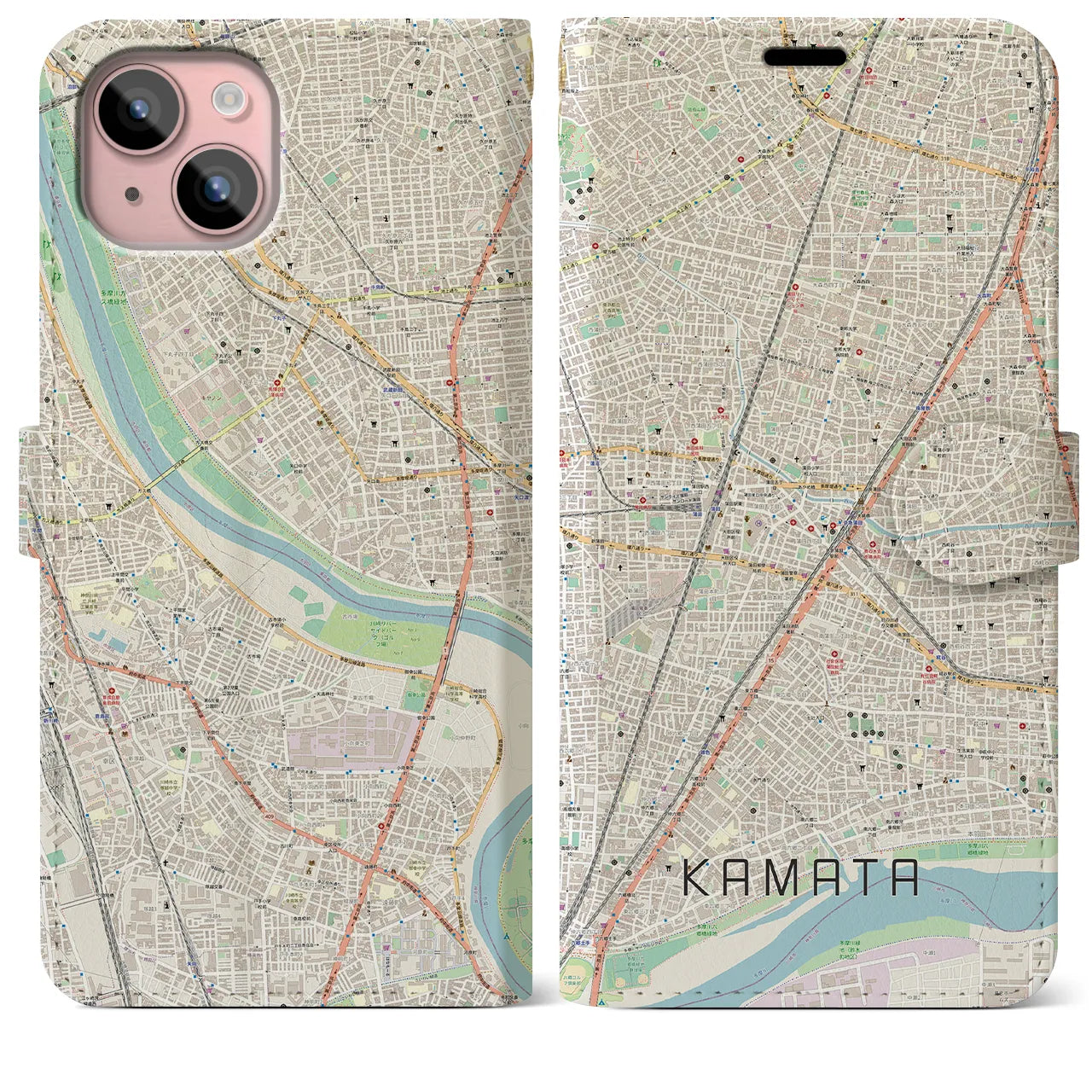 【蒲田（東京都）】地図柄iPhoneケース（手帳タイプ）ナチュラル・iPhone 15 Plus 用