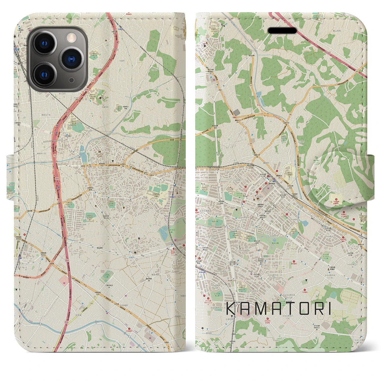 【鎌取（千葉県）】地図柄iPhoneケース（手帳タイプ）ナチュラル・iPhone 11 Pro Max 用