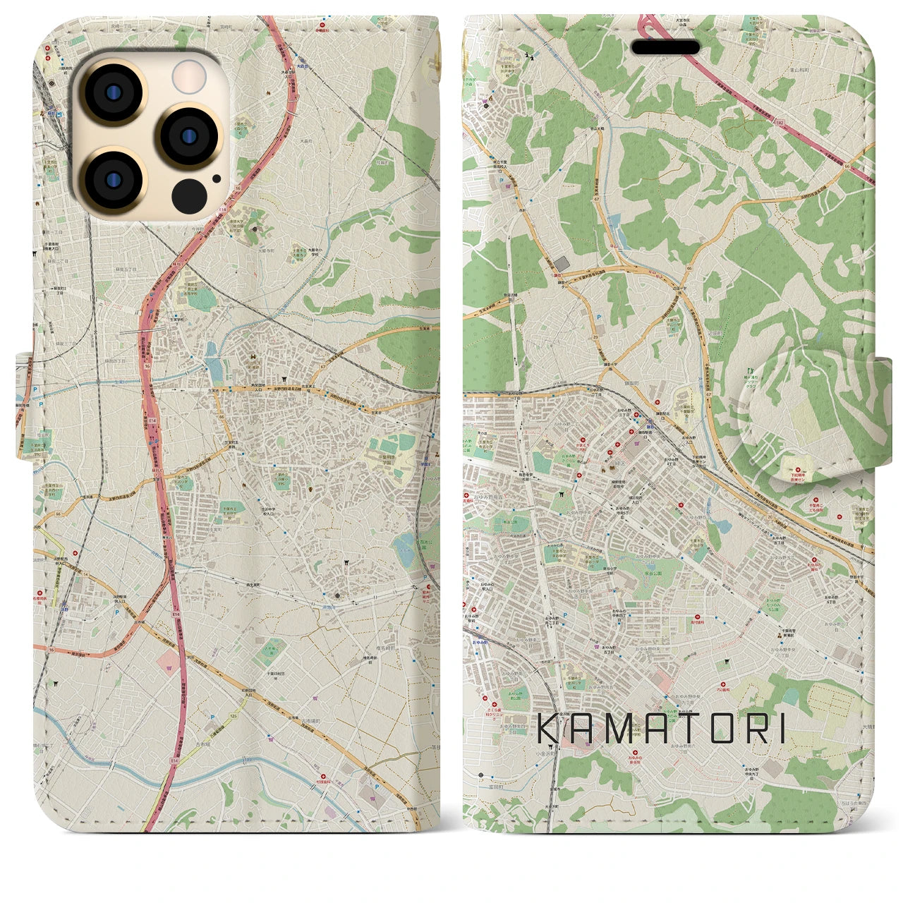 【鎌取（千葉県）】地図柄iPhoneケース（手帳タイプ）ナチュラル・iPhone 12 Pro Max 用