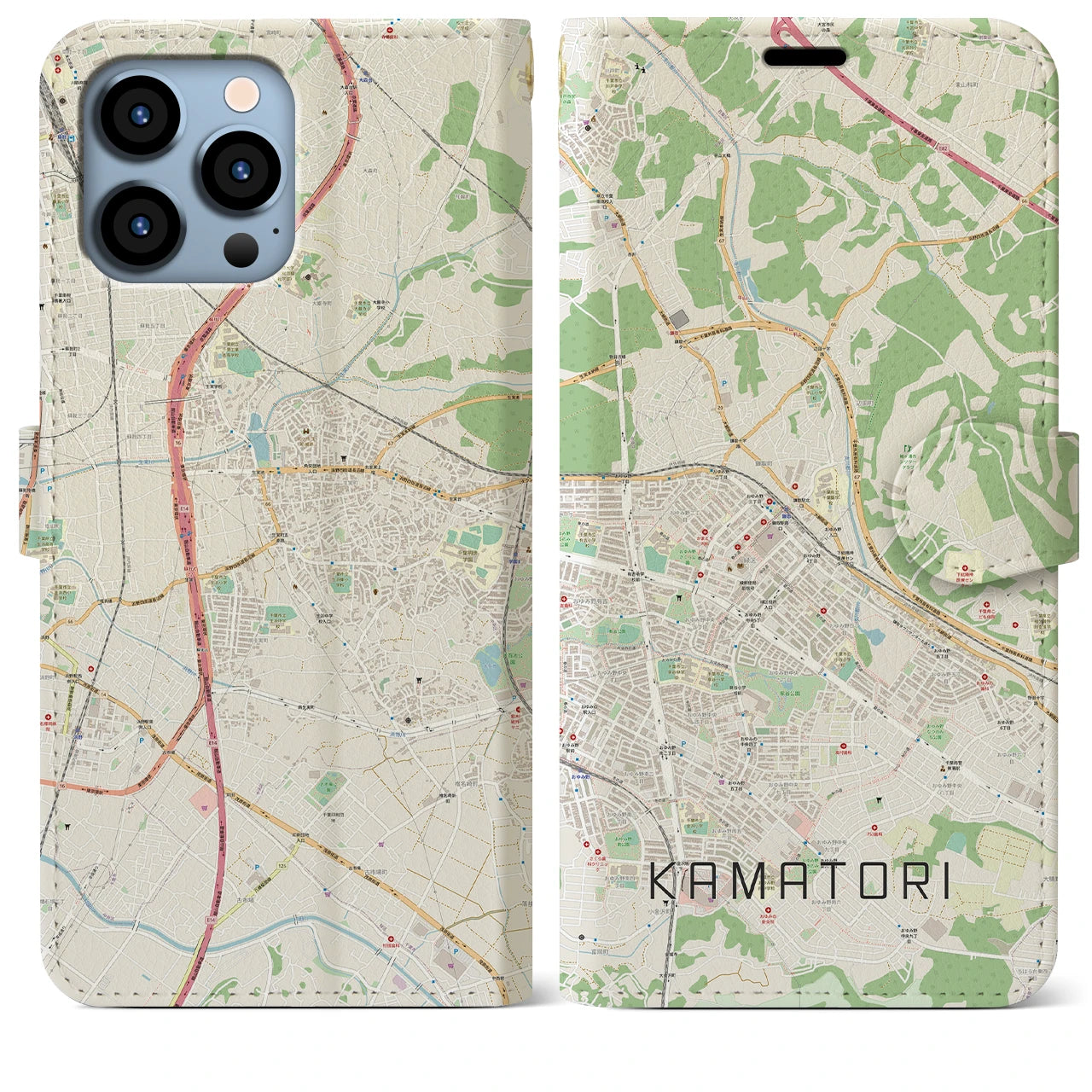 【鎌取（千葉県）】地図柄iPhoneケース（手帳タイプ）ナチュラル・iPhone 13 Pro Max 用