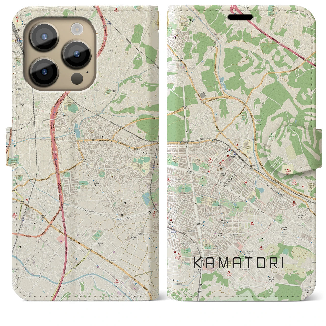 【鎌取（千葉県）】地図柄iPhoneケース（手帳タイプ）ナチュラル・iPhone 14 Pro Max 用