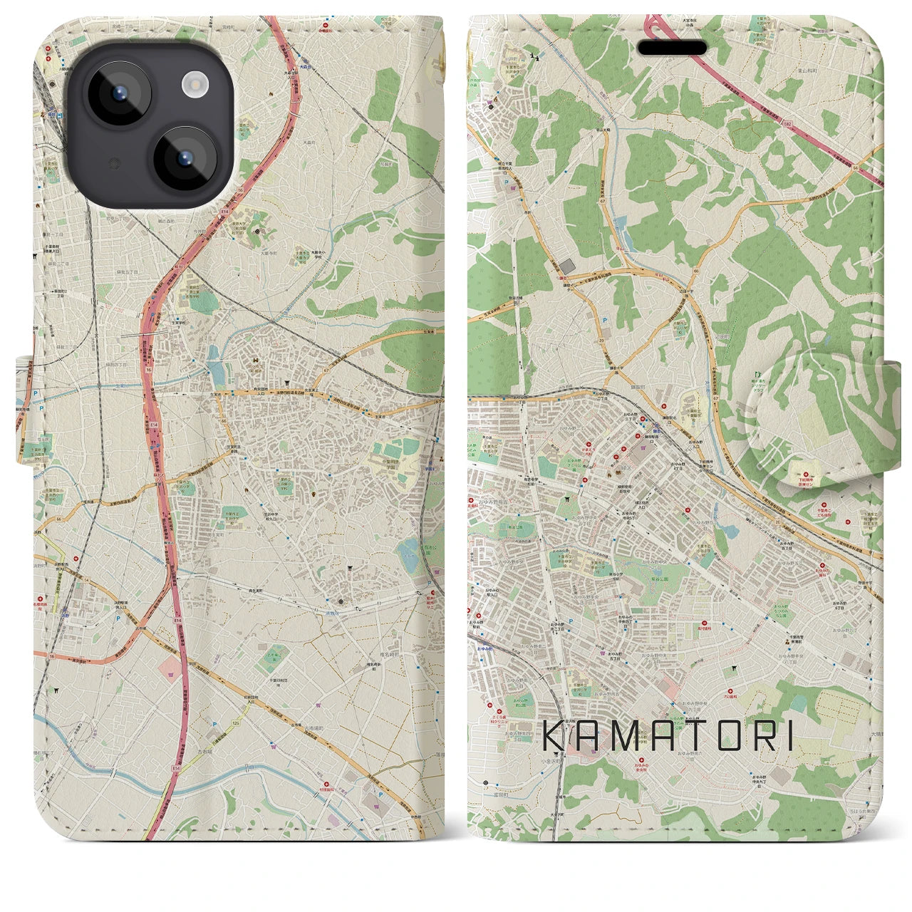 【鎌取（千葉県）】地図柄iPhoneケース（手帳タイプ）ナチュラル・iPhone 14 Plus 用