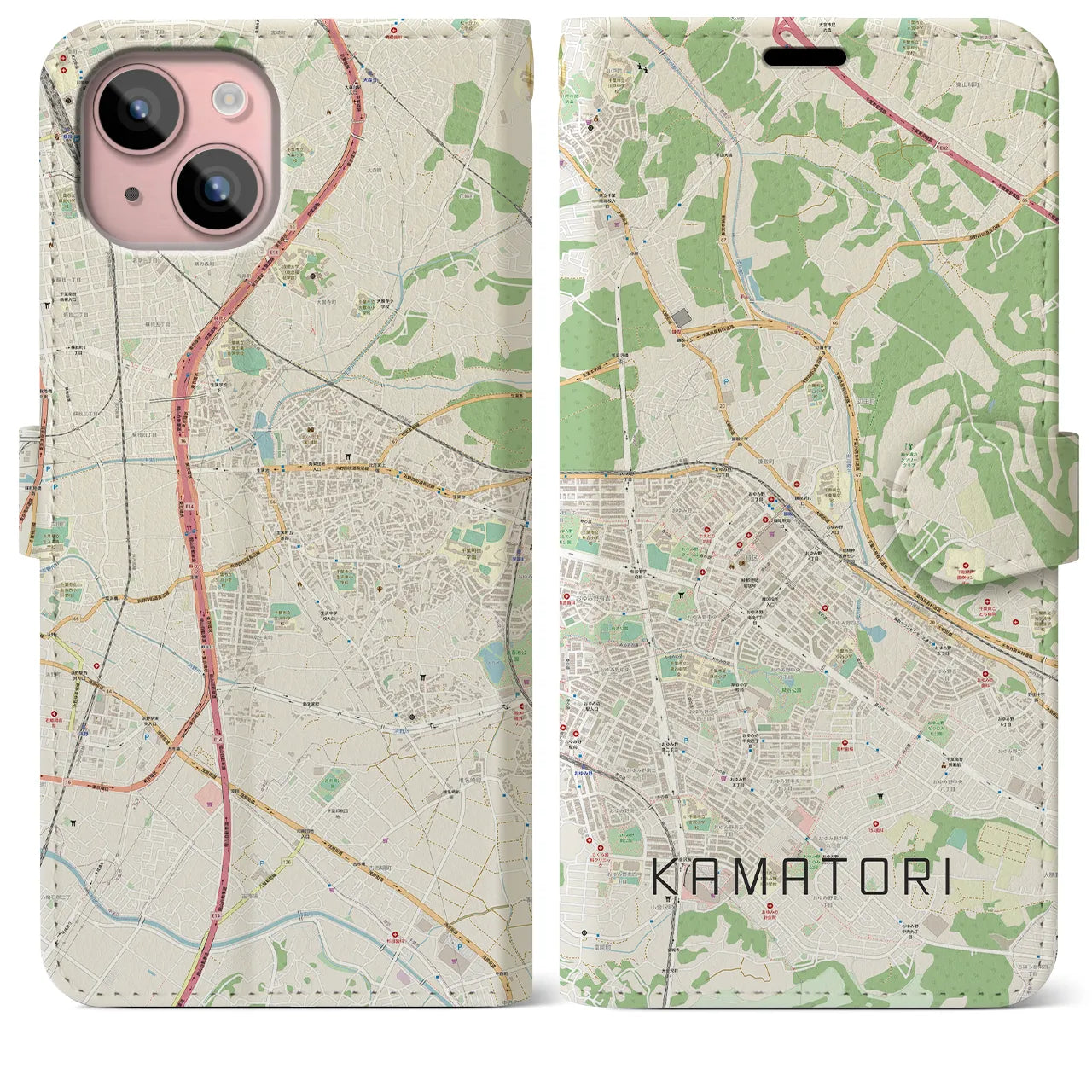 【鎌取（千葉県）】地図柄iPhoneケース（手帳タイプ）ナチュラル・iPhone 15 Plus 用