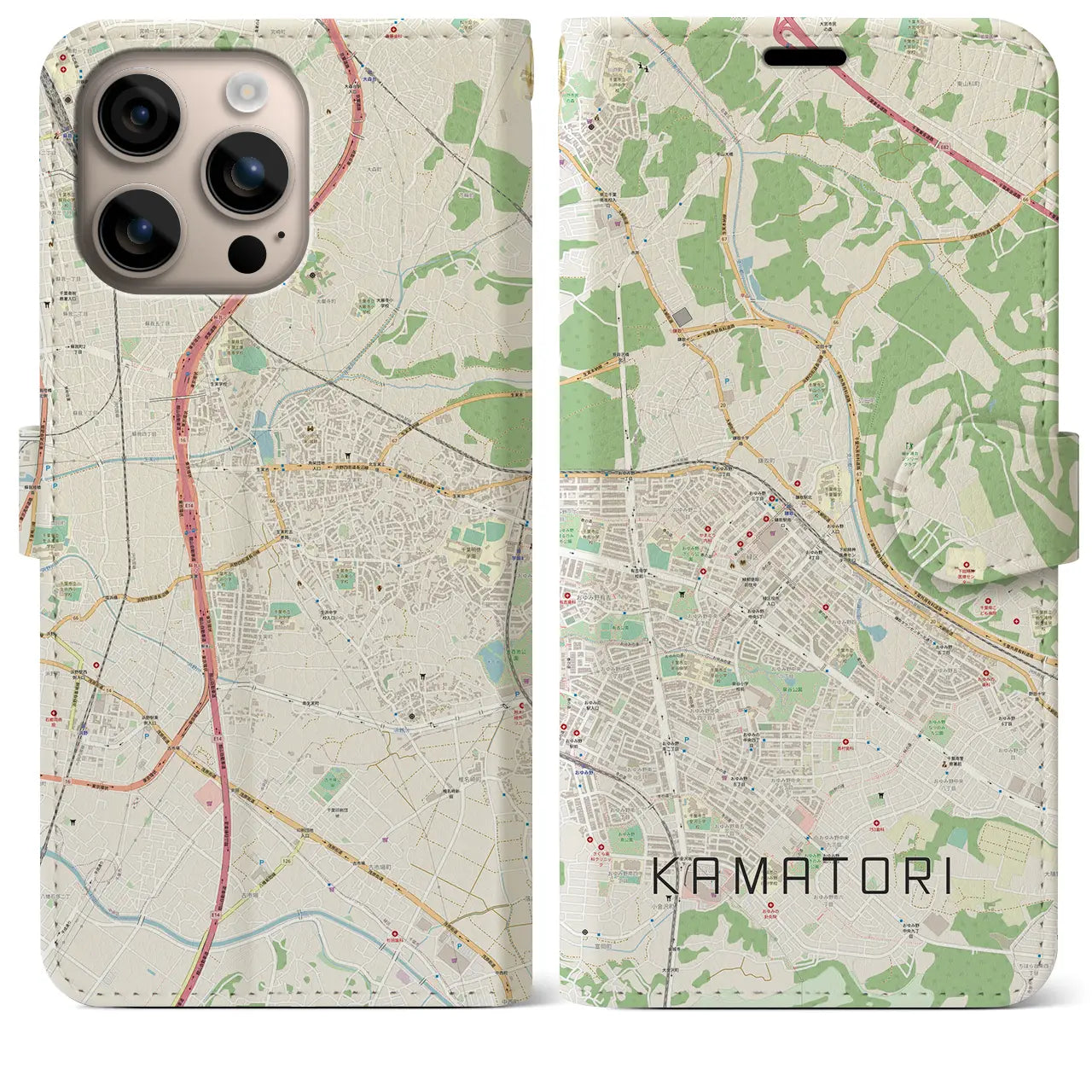 【鎌取（千葉県）】地図柄iPhoneケース（手帳タイプ）ナチュラル・iPhone 16 Plus 用