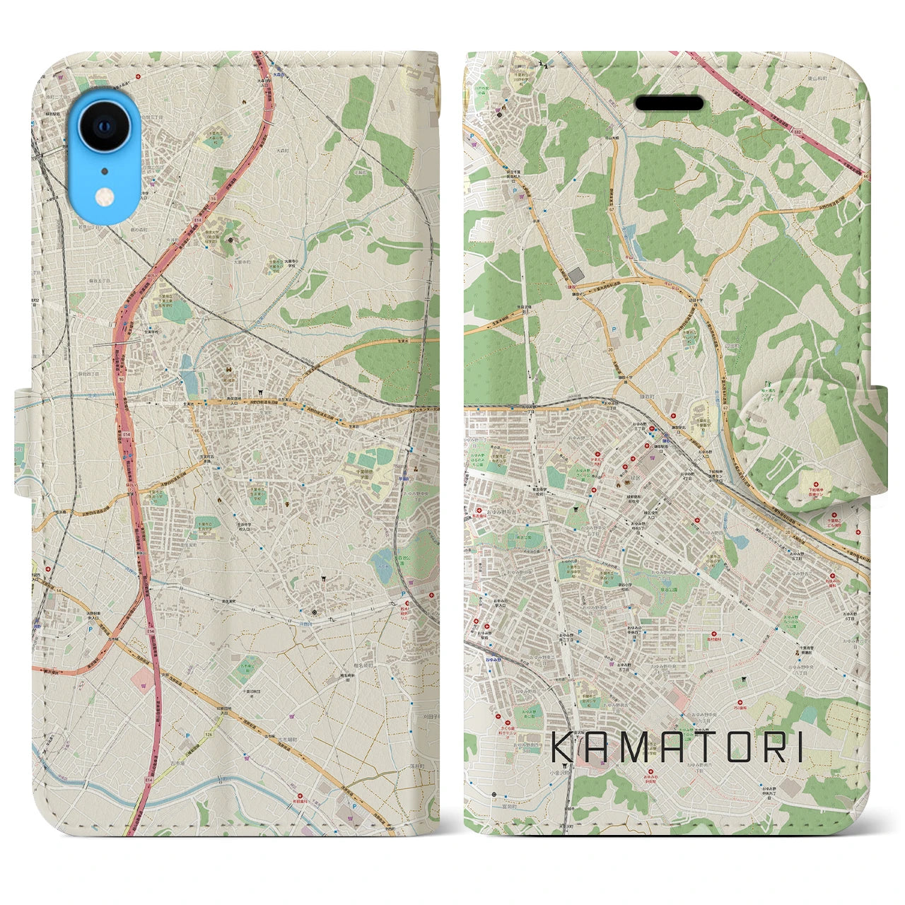 【鎌取（千葉県）】地図柄iPhoneケース（手帳タイプ）ナチュラル・iPhone XR 用