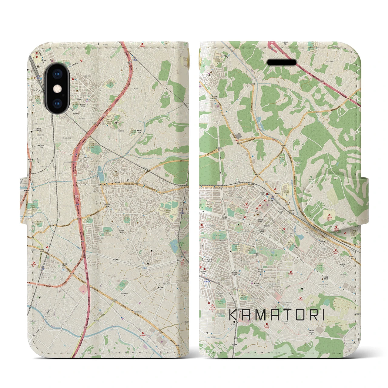 【鎌取（千葉県）】地図柄iPhoneケース（手帳タイプ）ナチュラル・iPhone XS / X 用