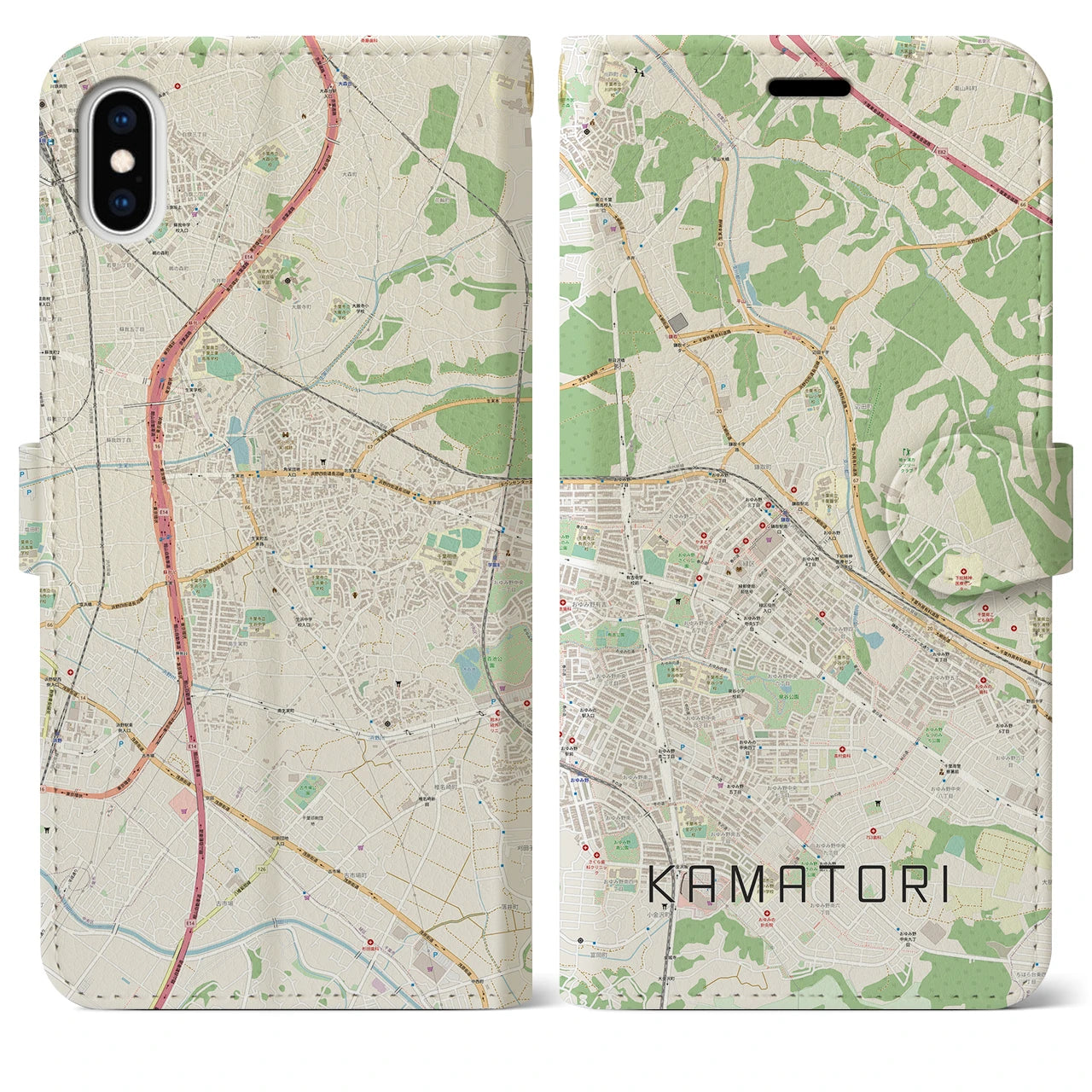 【鎌取（千葉県）】地図柄iPhoneケース（手帳タイプ）ナチュラル・iPhone XS Max 用