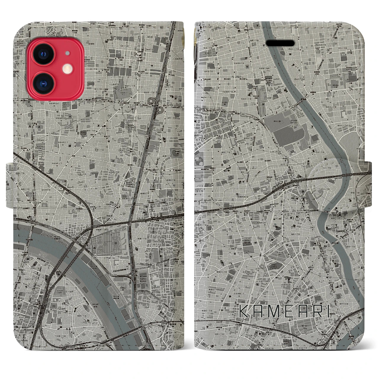【亀有】地図柄iPhoneケース（手帳両面タイプ・モノトーン）iPhone 11 用