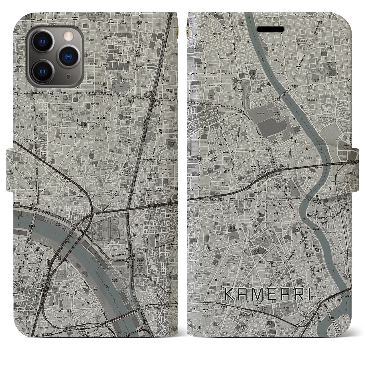 【亀有】地図柄iPhoneケース（手帳両面タイプ・モノトーン）iPhone 11 Pro Max 用