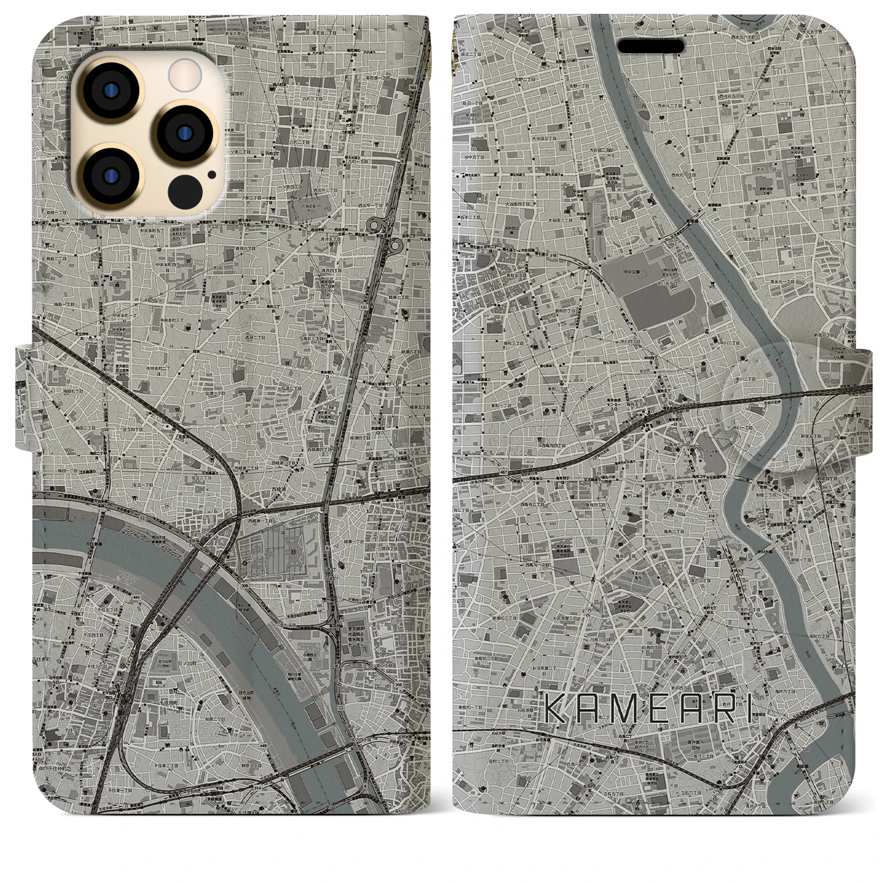 【亀有】地図柄iPhoneケース（手帳両面タイプ・モノトーン）iPhone 12 Pro Max 用