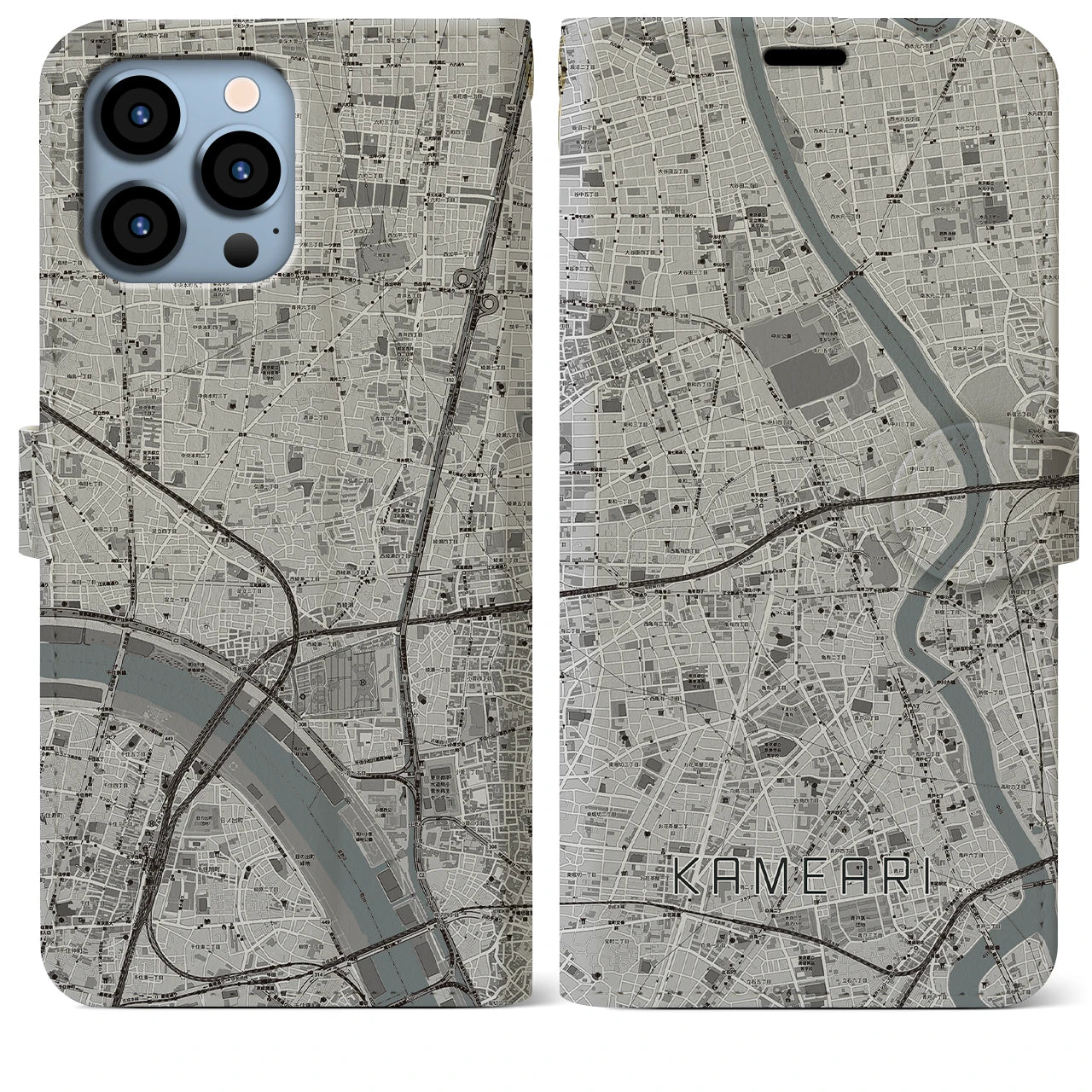 【亀有】地図柄iPhoneケース（手帳両面タイプ・モノトーン）iPhone 13 Pro Max 用