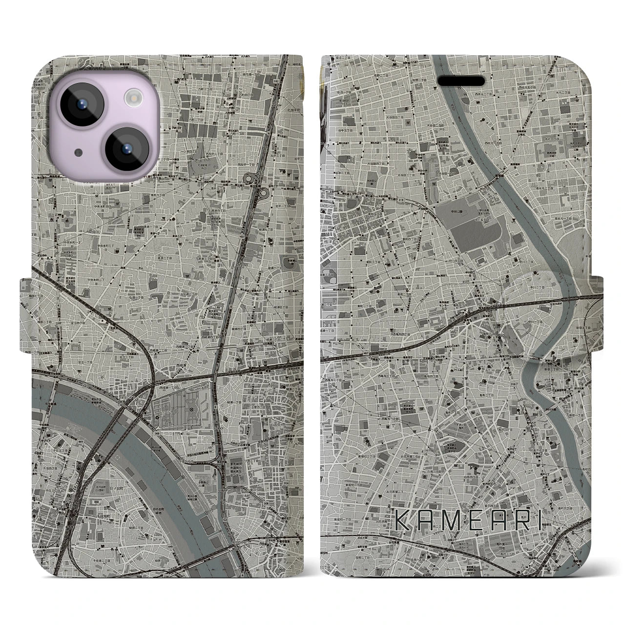 【亀有】地図柄iPhoneケース（手帳両面タイプ・モノトーン）iPhone 14 用