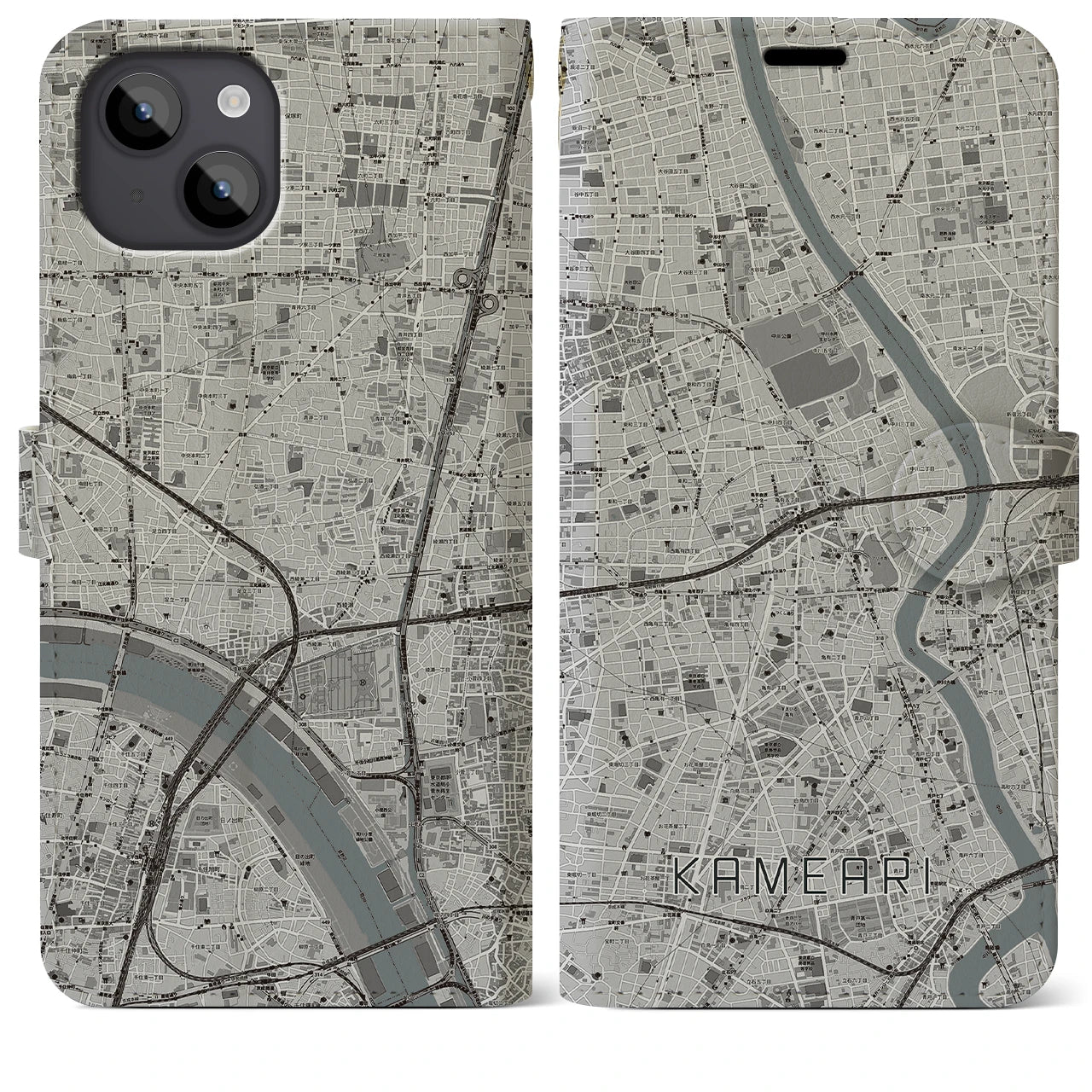 【亀有】地図柄iPhoneケース（手帳両面タイプ・モノトーン）iPhone 14 Plus 用