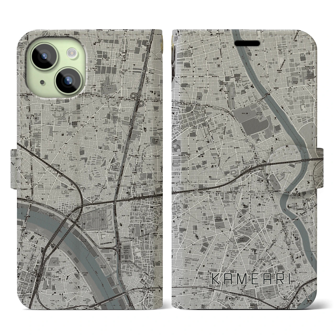 【亀有】地図柄iPhoneケース（手帳両面タイプ・モノトーン）iPhone 15 用