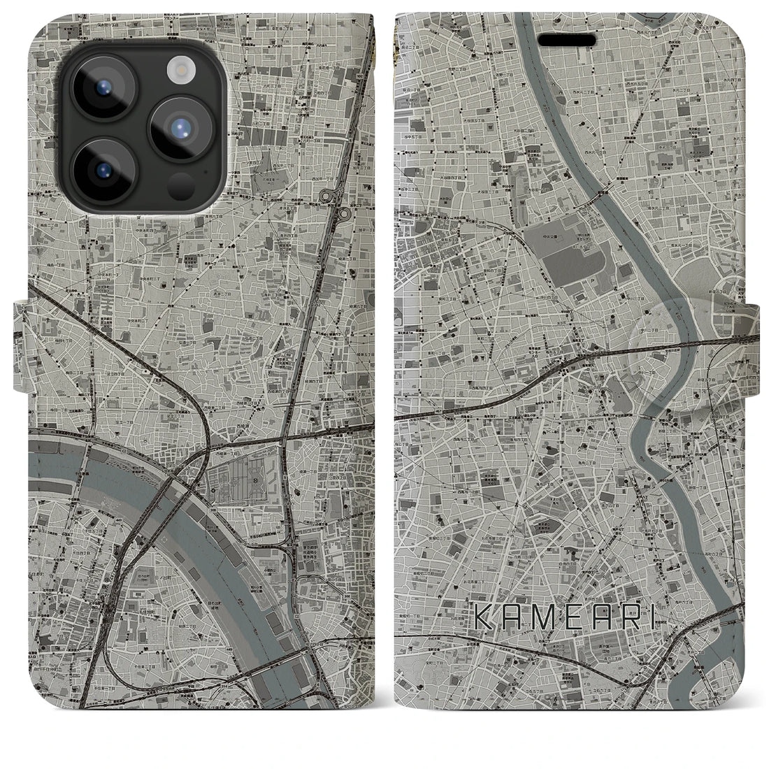 【亀有】地図柄iPhoneケース（手帳両面タイプ・モノトーン）iPhone 15 Pro Max 用