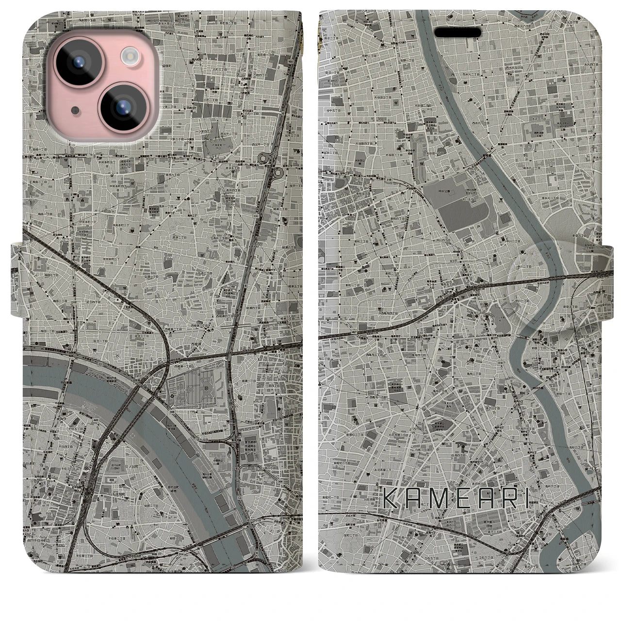 【亀有】地図柄iPhoneケース（手帳両面タイプ・モノトーン）iPhone 15 Plus 用
