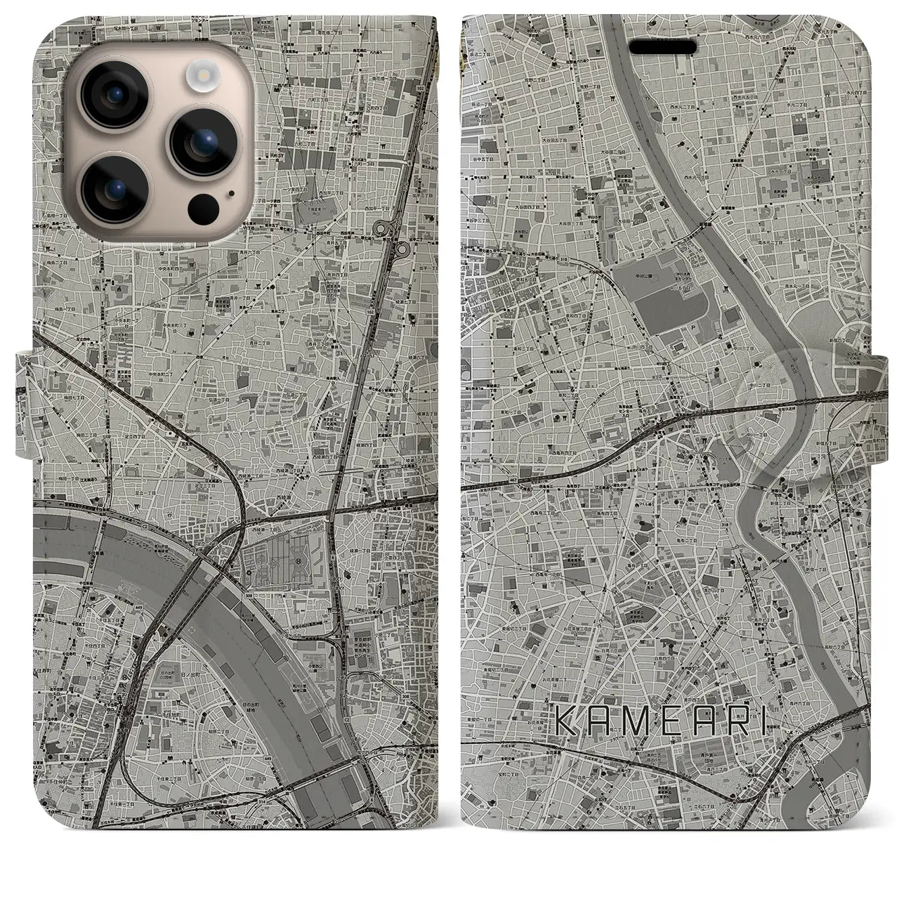 【亀有（東京都）】地図柄iPhoneケース（手帳タイプ）モノトーン・iPhone 16 Plus 用