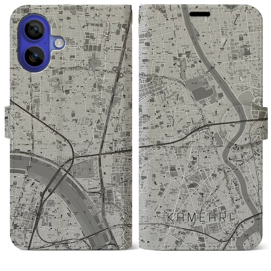 【亀有（東京都）】地図柄iPhoneケース（手帳タイプ）モノトーン・iPhone 16 Pro Max 用