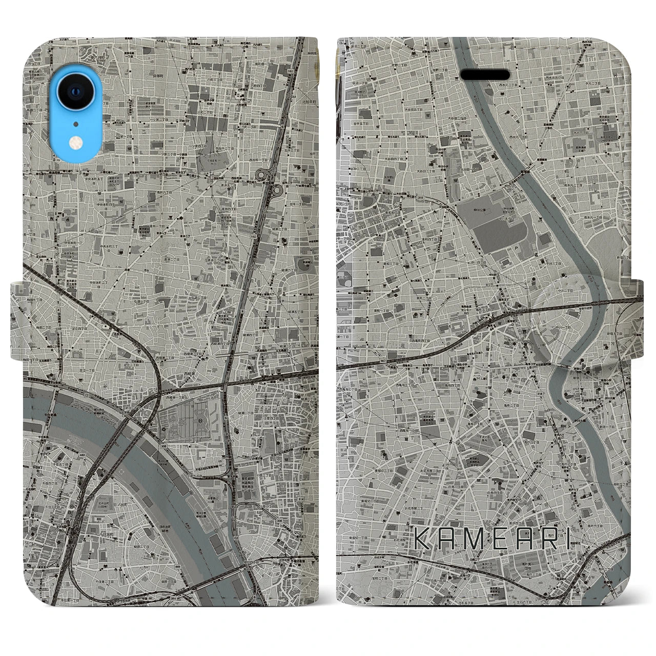 【亀有】地図柄iPhoneケース（手帳両面タイプ・モノトーン）iPhone XR 用