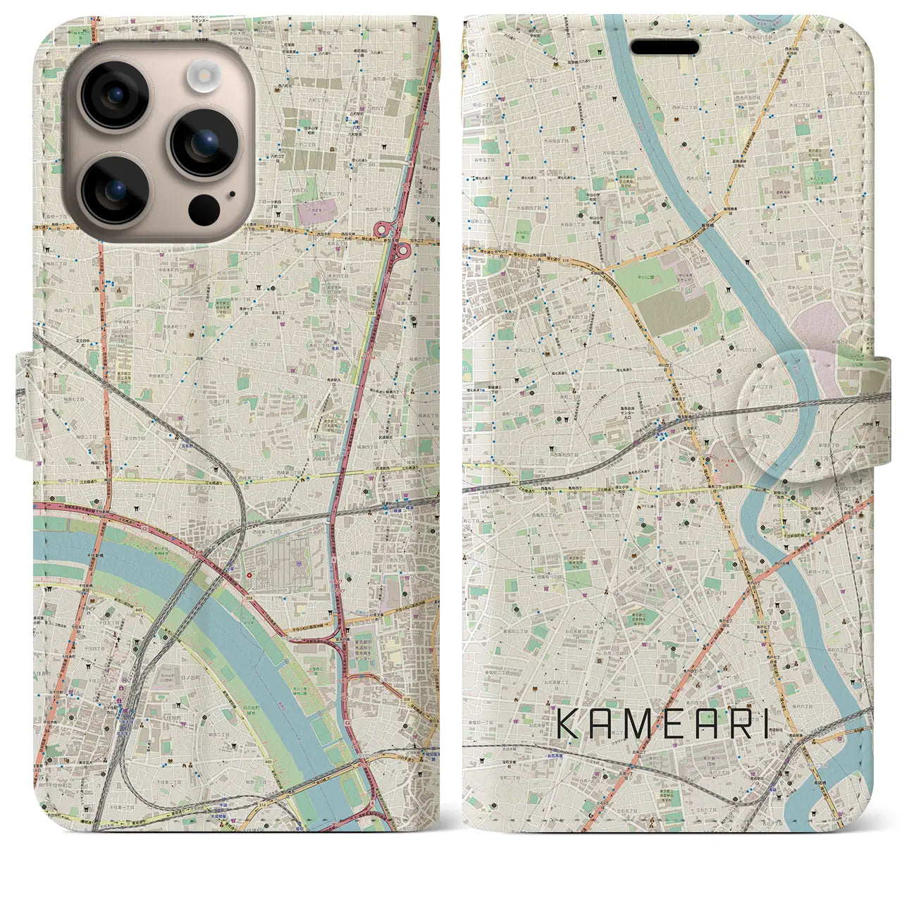 【亀有（東京都）】地図柄iPhoneケース（手帳タイプ）ナチュラル・iPhone 16 Plus 用