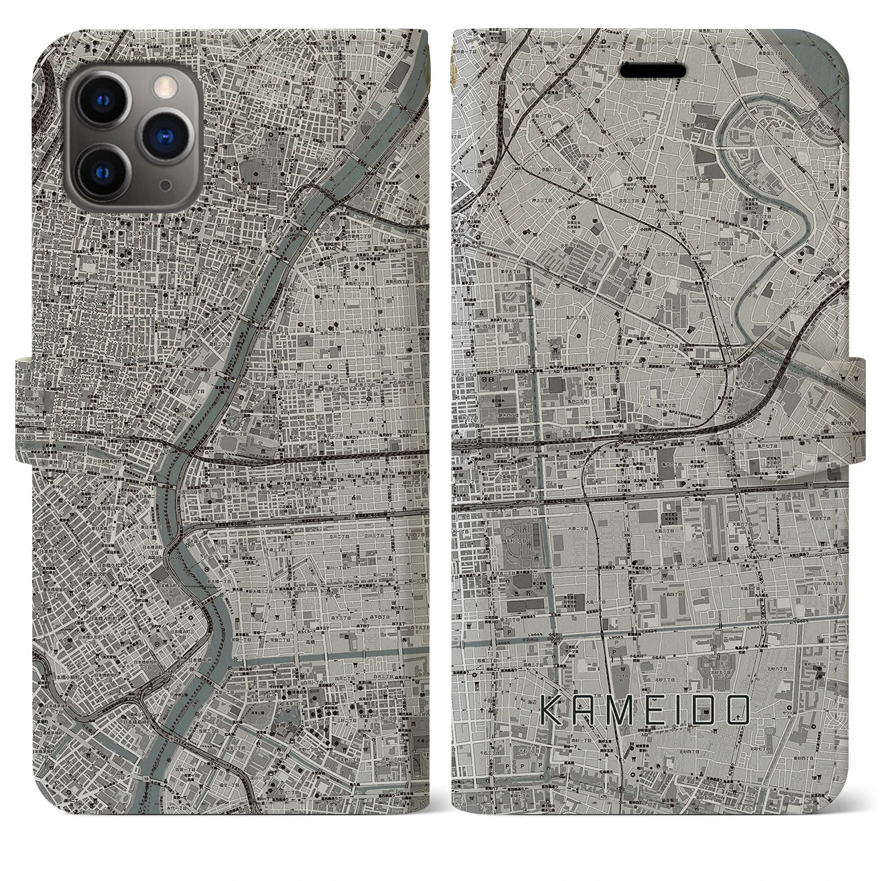 【亀戸】地図柄iPhoneケース（手帳両面タイプ・モノトーン）iPhone 11 Pro Max 用