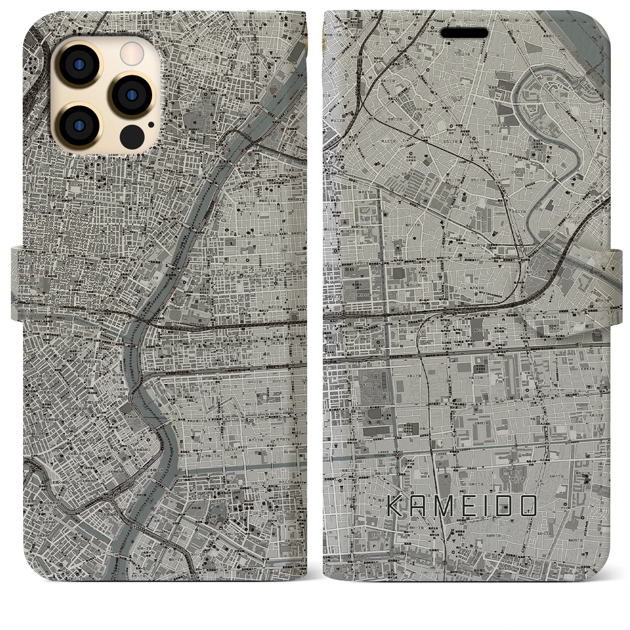【亀戸】地図柄iPhoneケース（手帳両面タイプ・モノトーン）iPhone 12 Pro Max 用