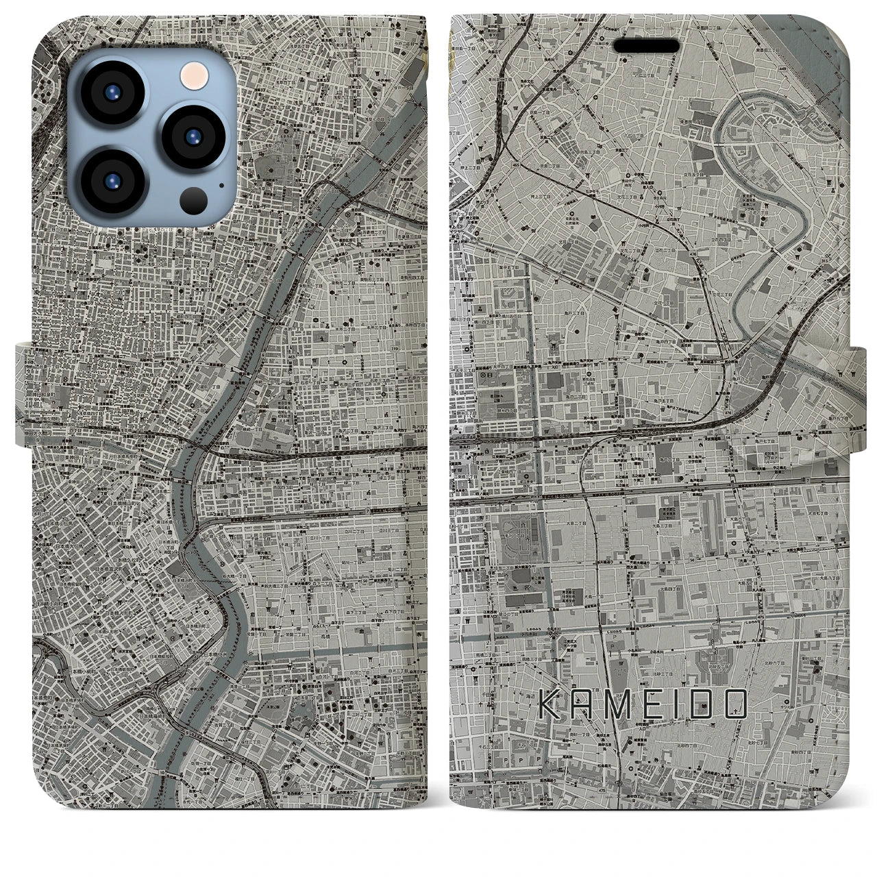 【亀戸】地図柄iPhoneケース（手帳両面タイプ・モノトーン）iPhone 13 Pro Max 用