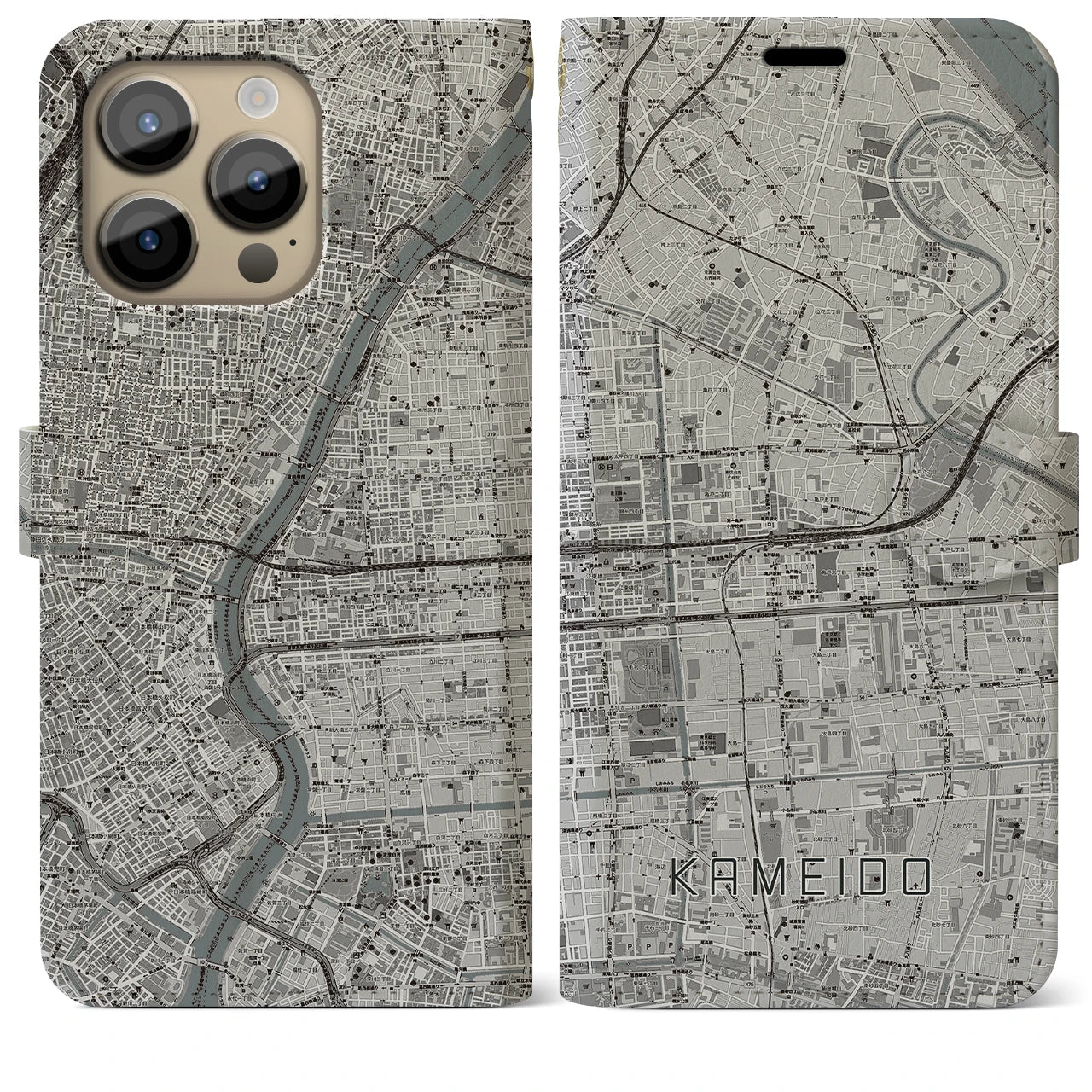 【亀戸】地図柄iPhoneケース（手帳両面タイプ・モノトーン）iPhone 14 Pro Max 用