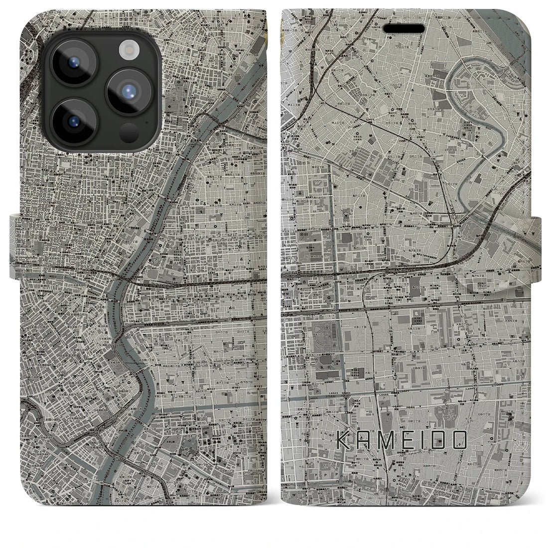 【亀戸】地図柄iPhoneケース（手帳両面タイプ・モノトーン）iPhone 15 Pro Max 用