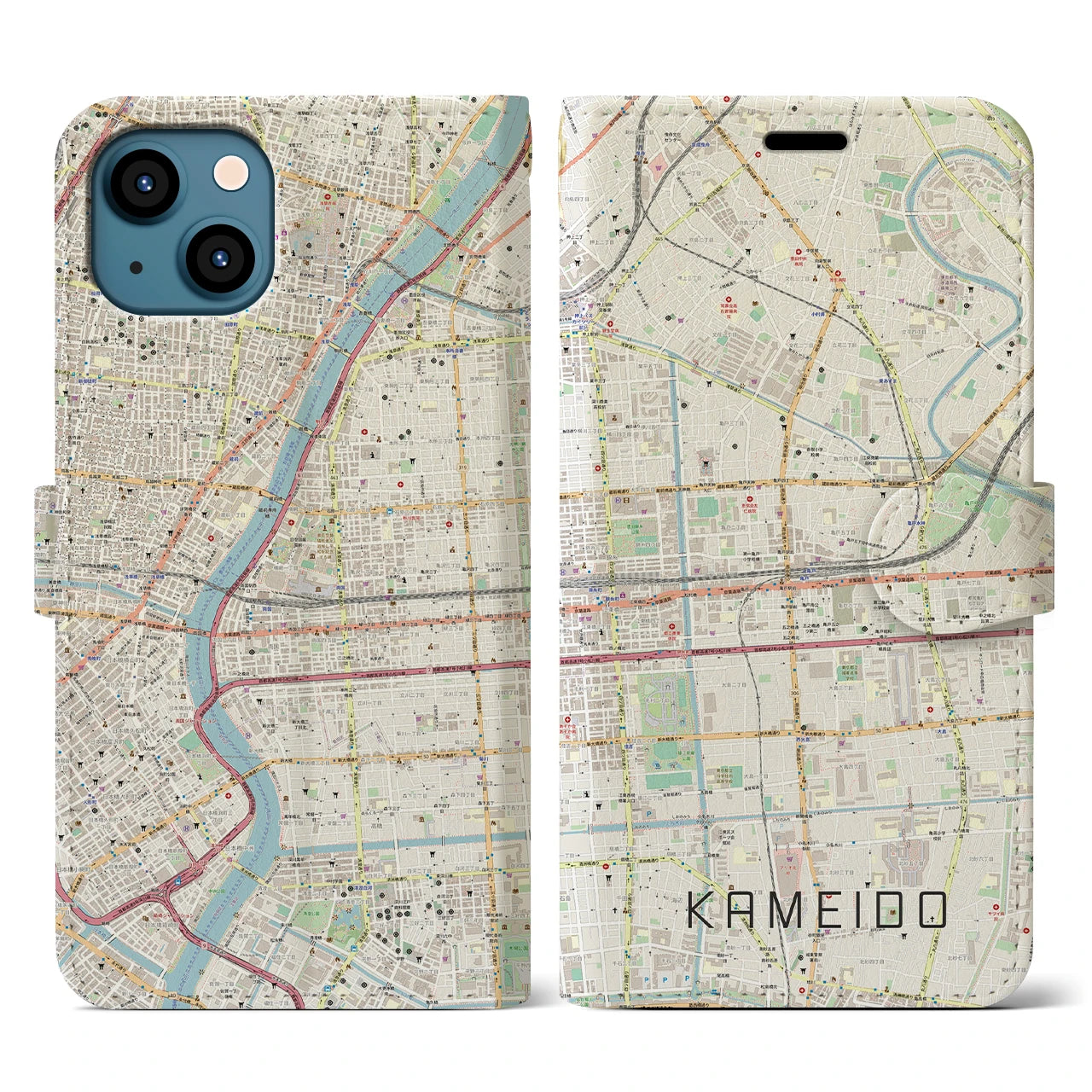 【亀戸（東京都）】地図柄iPhoneケース（手帳タイプ）ナチュラル・iPhone 13 用