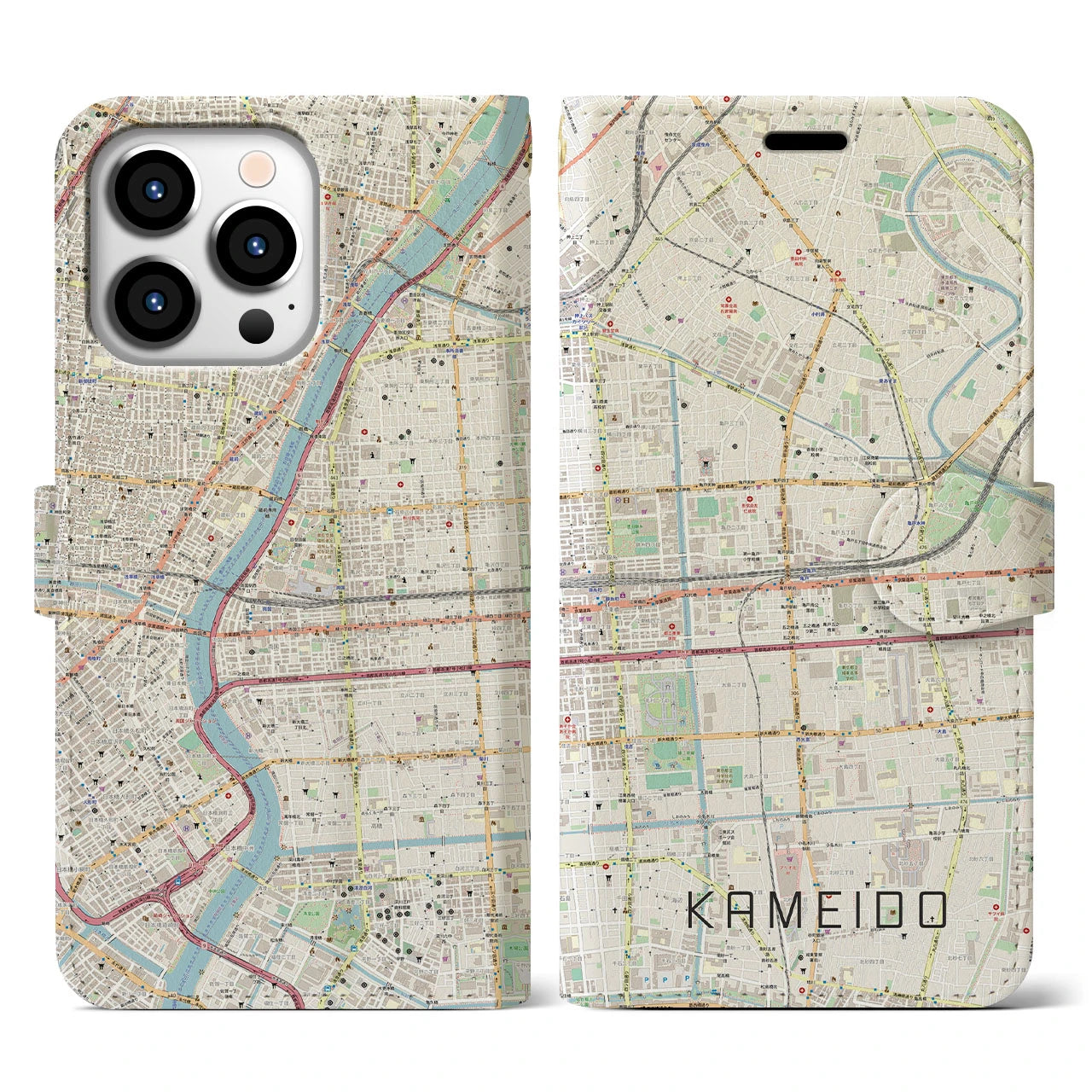 【亀戸（東京都）】地図柄iPhoneケース（手帳タイプ）ナチュラル・iPhone 13 Pro 用